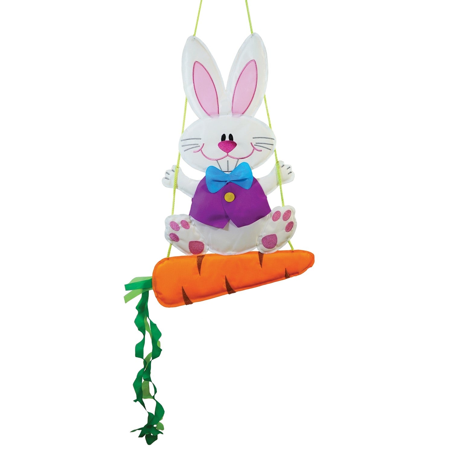 Bunny Wind Friend hanging decoration featuring embroidered features and a full vest, perfect for Easter garden decor in bright colors.