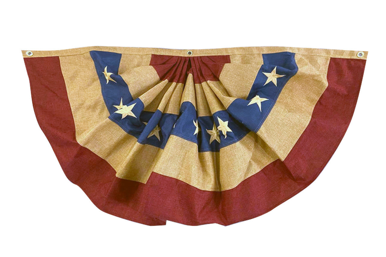 Patriotic burlap bunting in red, white, and blue stripes with weather-resistant fabric, perfect for outdoor 4th of July, Memorial Day, or Americana displays.