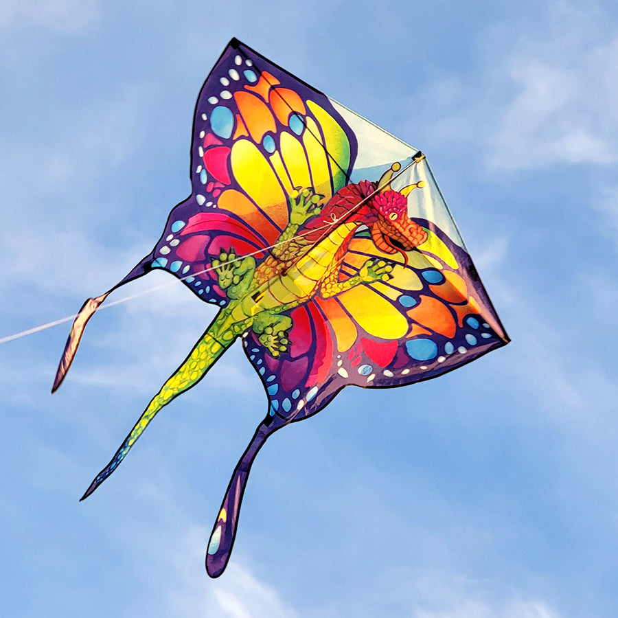 Butterfly Kite - Fantasy Dragon in bright colors soaring in the sky, showcasing its unique design while being flown in a park setting.