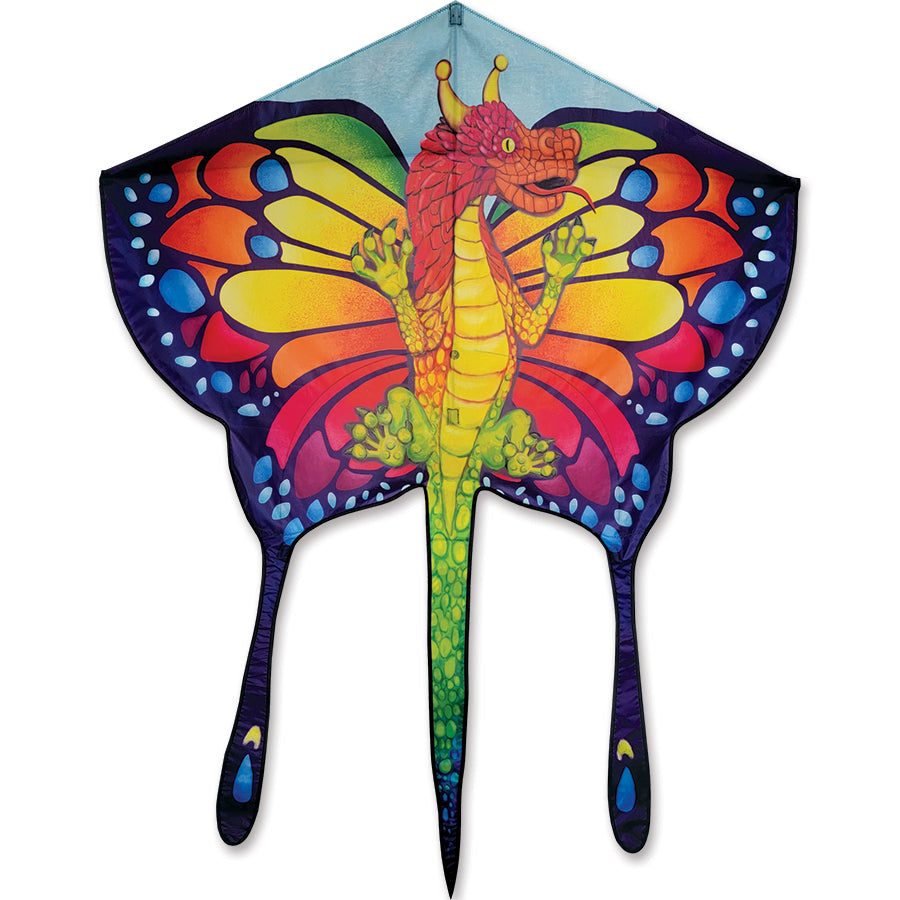 Butterfly Kite - Fantasy Dragon in bright colors soaring in the sky, showcasing its unique design while being flown in a park setting.
