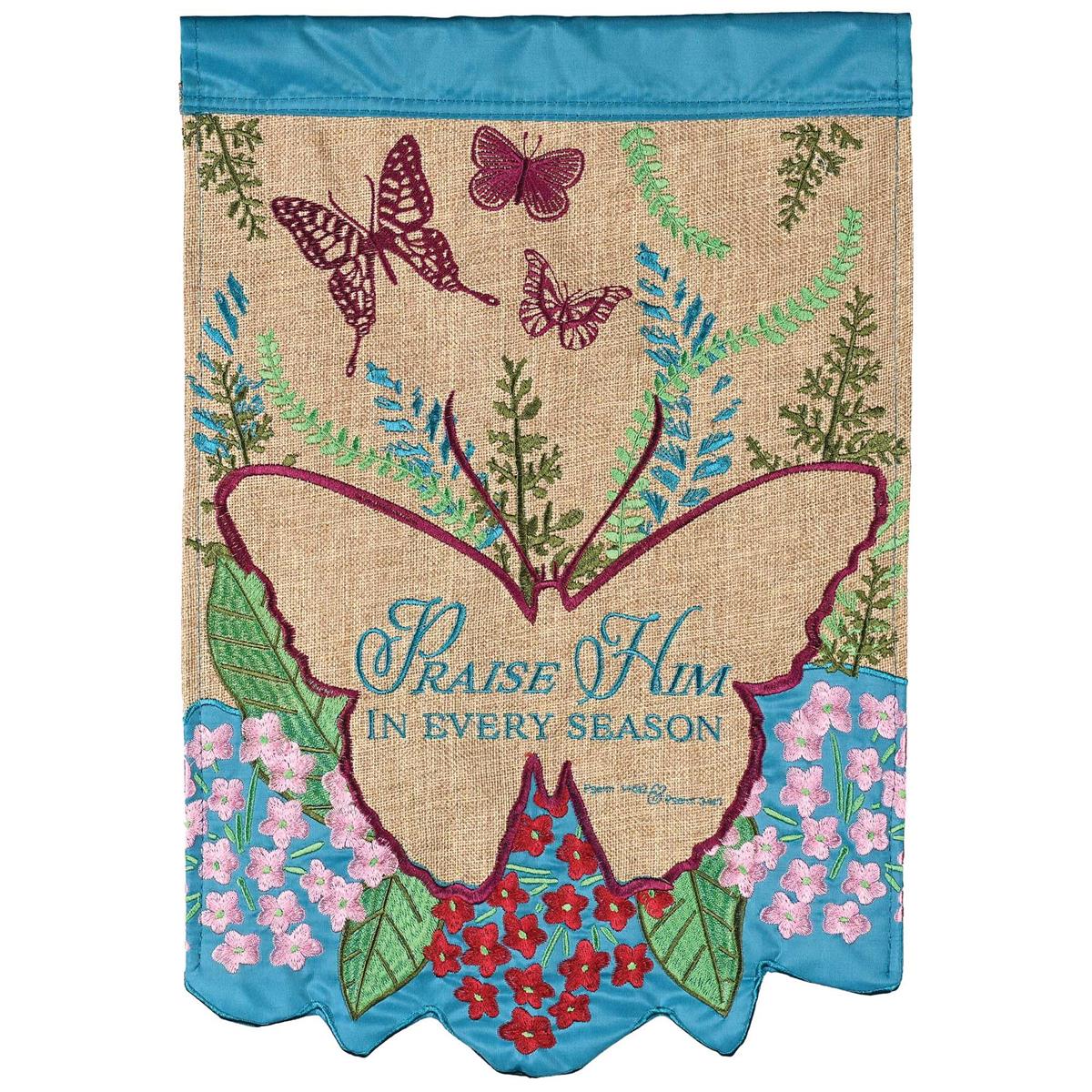 Butterfly Praise Him garden flag featuring a graceful butterfly and inspirational message displayed on a garden flag pole in a beautiful outdoor setting.