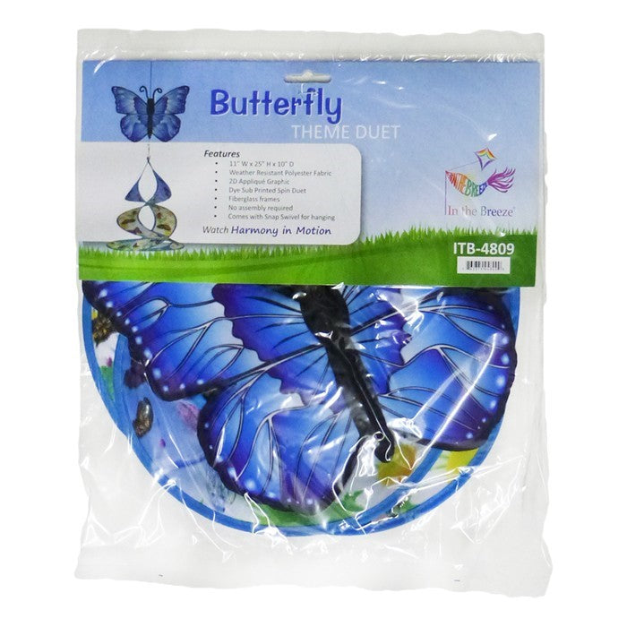 Butterfly Theme Duet hanging spinner featuring a colorful, two-dimensional butterfly design that twirls elegantly in the garden breeze.