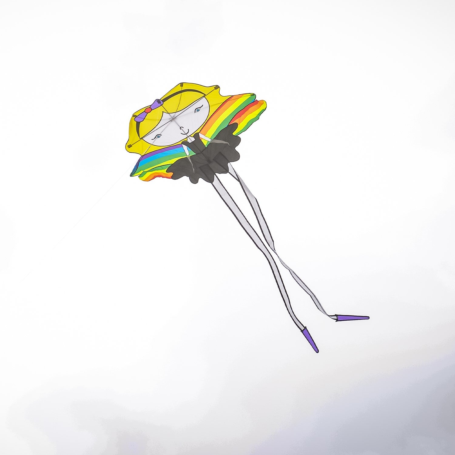 Alt text: Butterfly Wings Girl Kite with a colorful butterfly design soaring in the sky, featuring long legs for stability and a joyful outdoor scene.