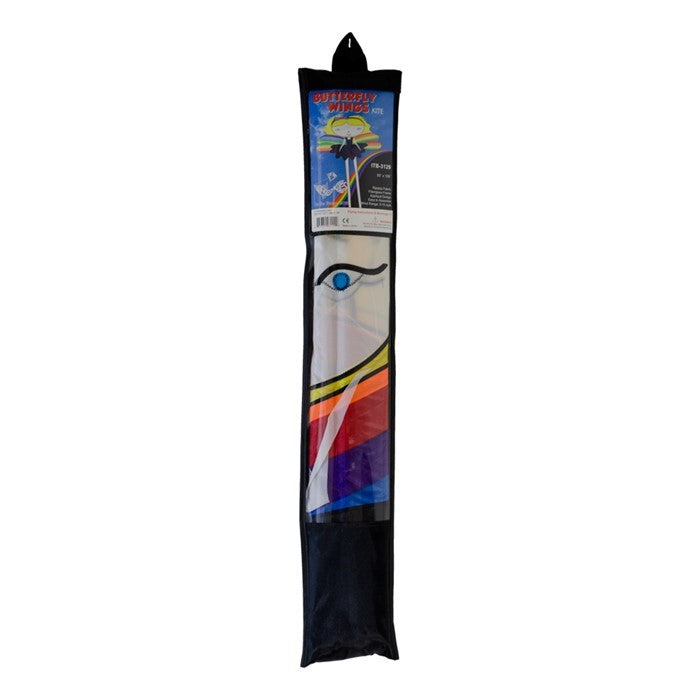 Alt text: Butterfly Wings Girl Kite with a colorful butterfly design soaring in the sky, featuring long legs for stability and a joyful outdoor scene.