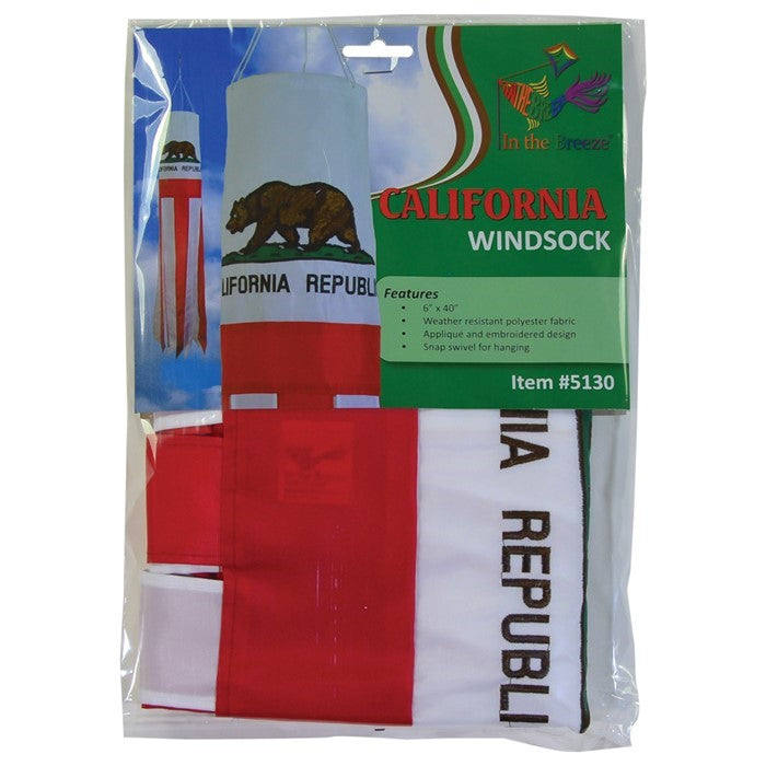 California 40" Windsock showcasing the iconic Bear Flag with embroidered details and vibrant tails fluttering in the outdoor breeze.