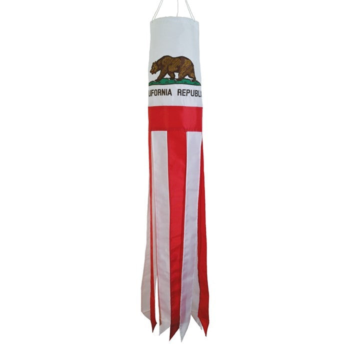 California 40" Windsock showcasing the iconic Bear Flag with embroidered details and vibrant tails fluttering in the outdoor breeze.