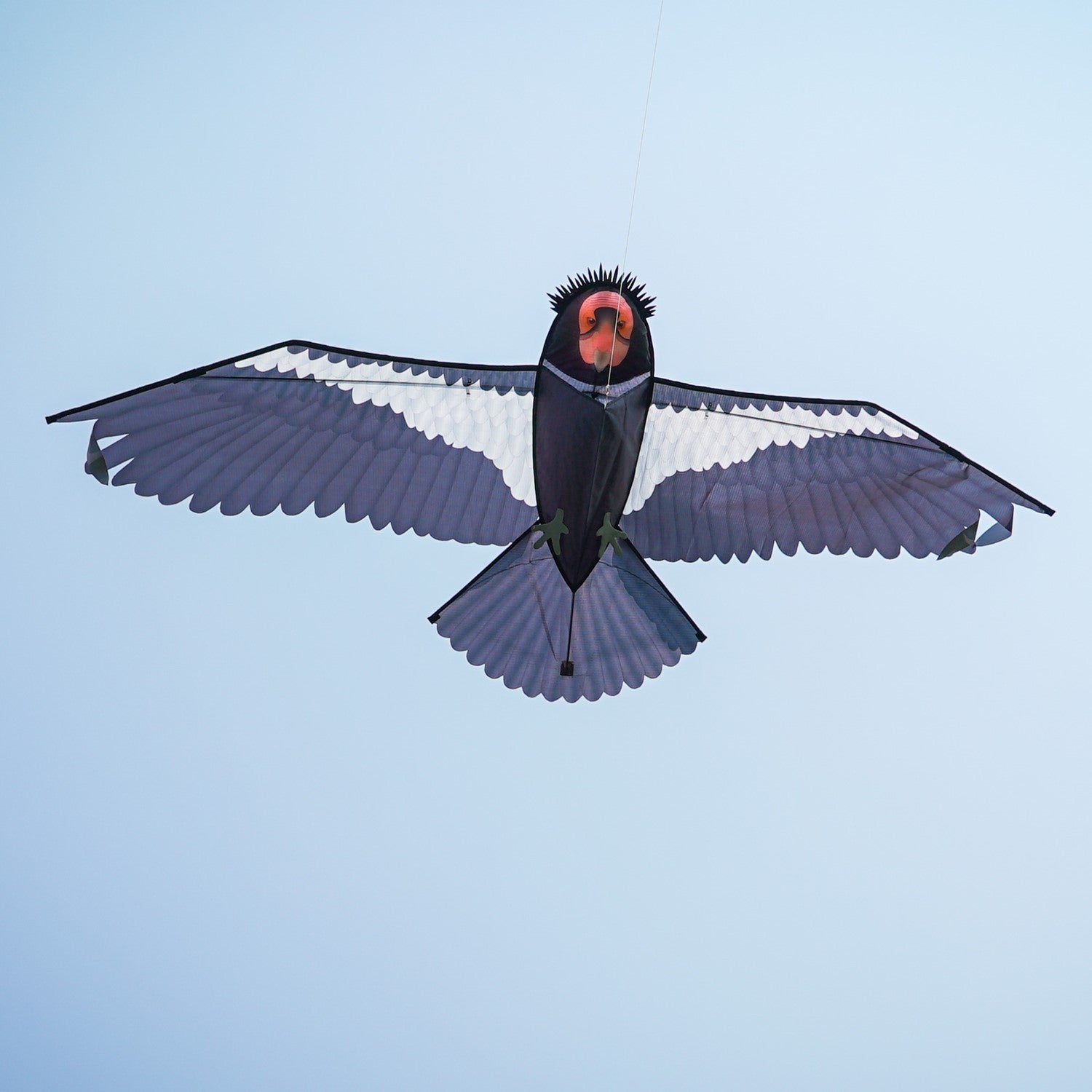 Realistic 84-inch California condor kite soaring in clear blue sky, showcasing detailed wings and applique talons against a backdrop of nature.