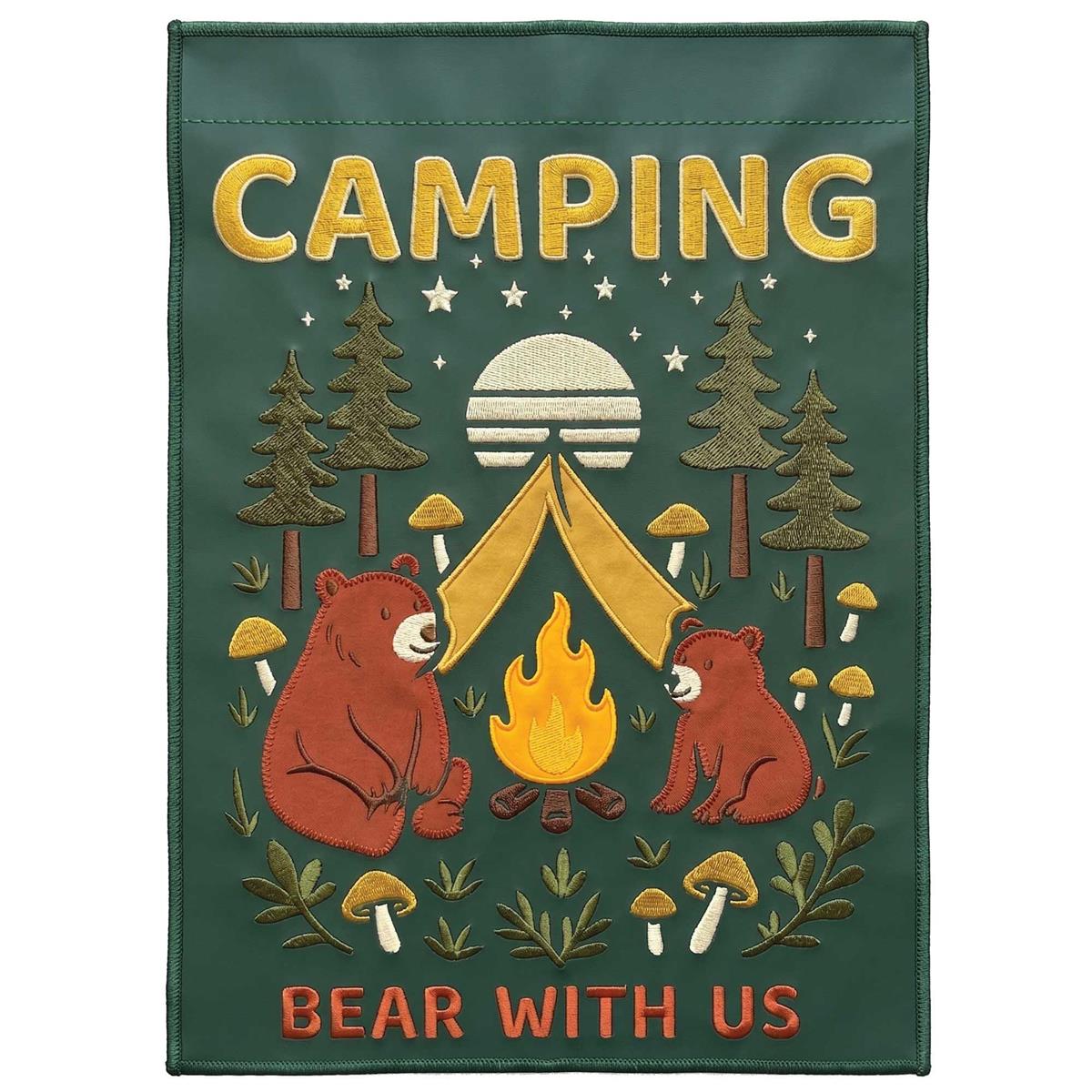Camping Bear With Us double-sided garden flag featuring a bear design set against nature, displayed on a garden pole in a lush outdoor setting.