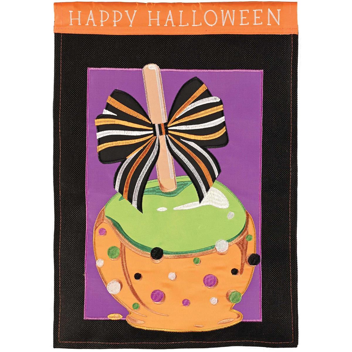 Candy Apple Happy Halloween Garden Flag measuring 13x18 inches featuring vibrant embroidery and fabric appliques displayed outdoors.