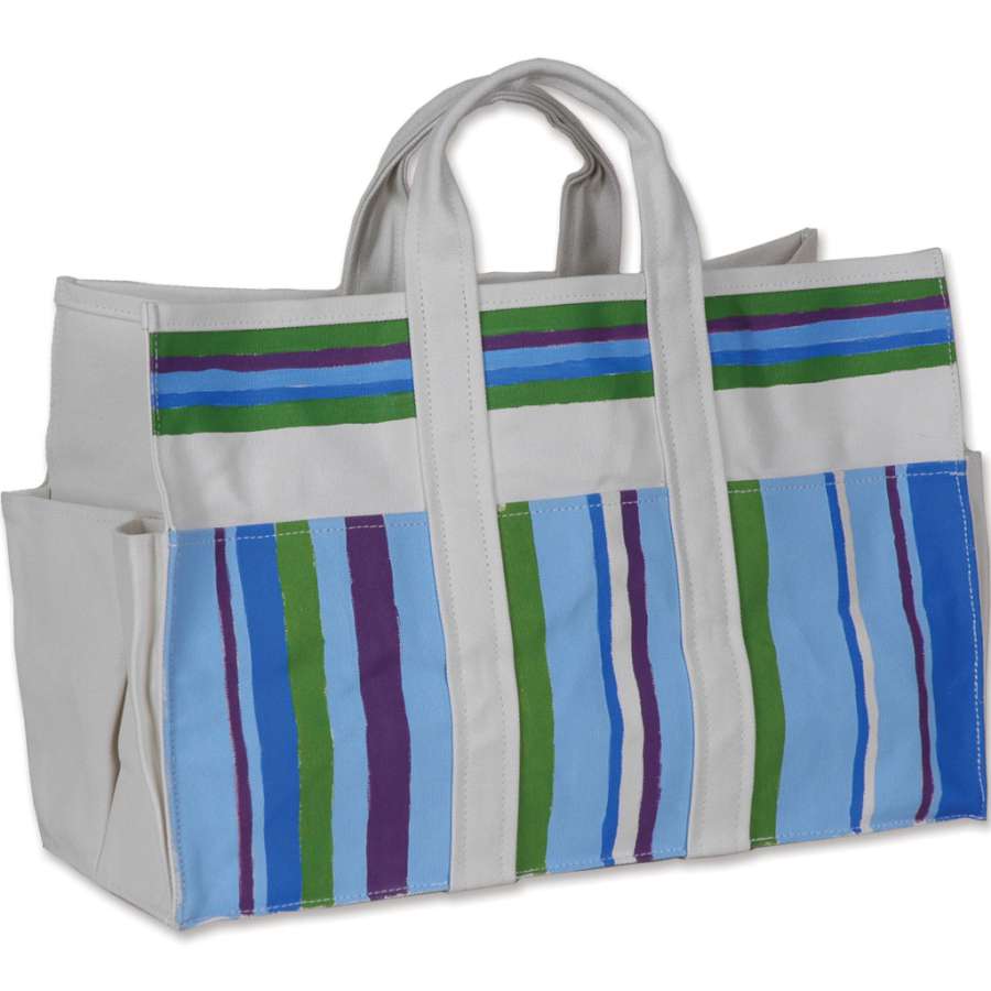 Stylish Canvas Tote Bag with two pleated side pockets and matching gloves, measuring 16.5x10.75x7 inches, ideal for gardening.