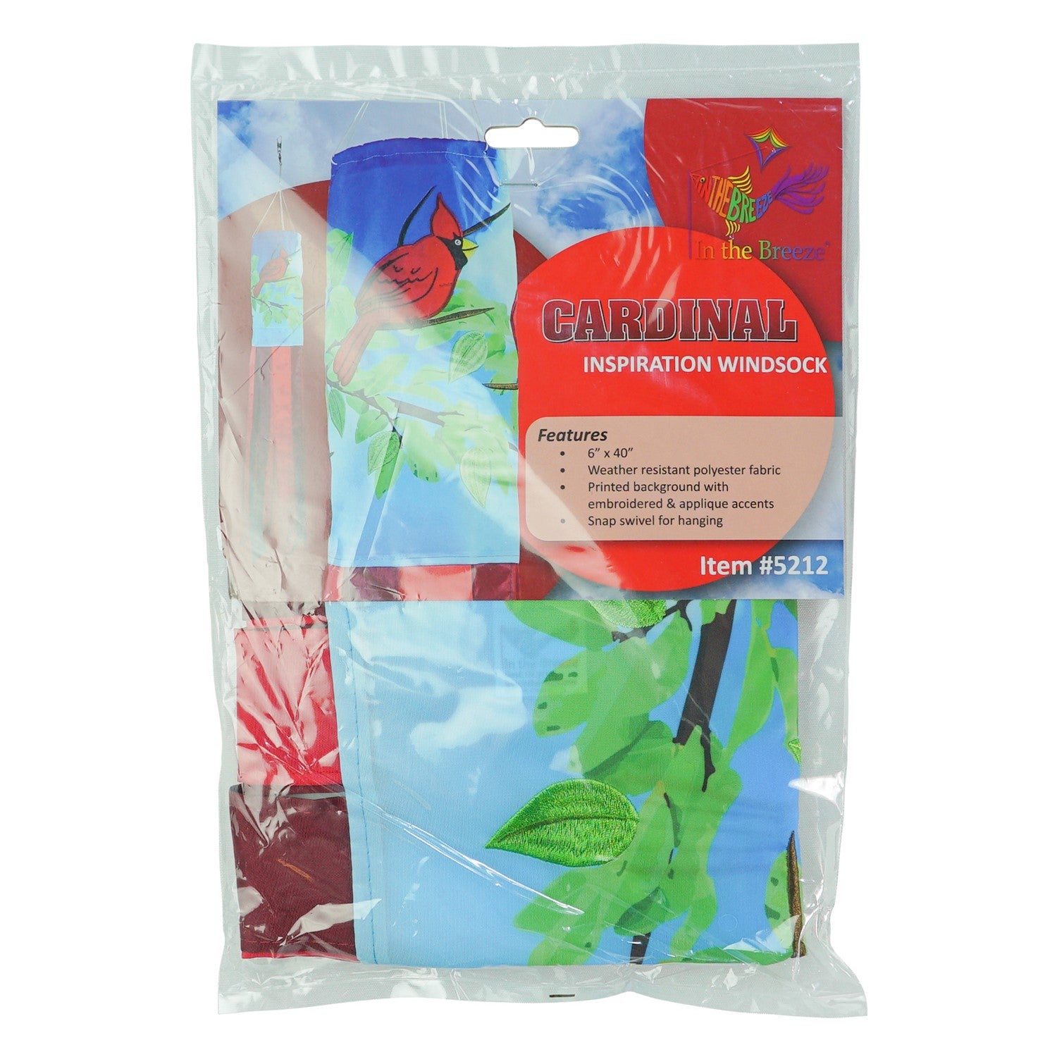 Cardinal 40" Inspiration Windsock with vibrant detail, featuring a red cardinal design and color-coordinated tails, hung as an outdoor decoration.