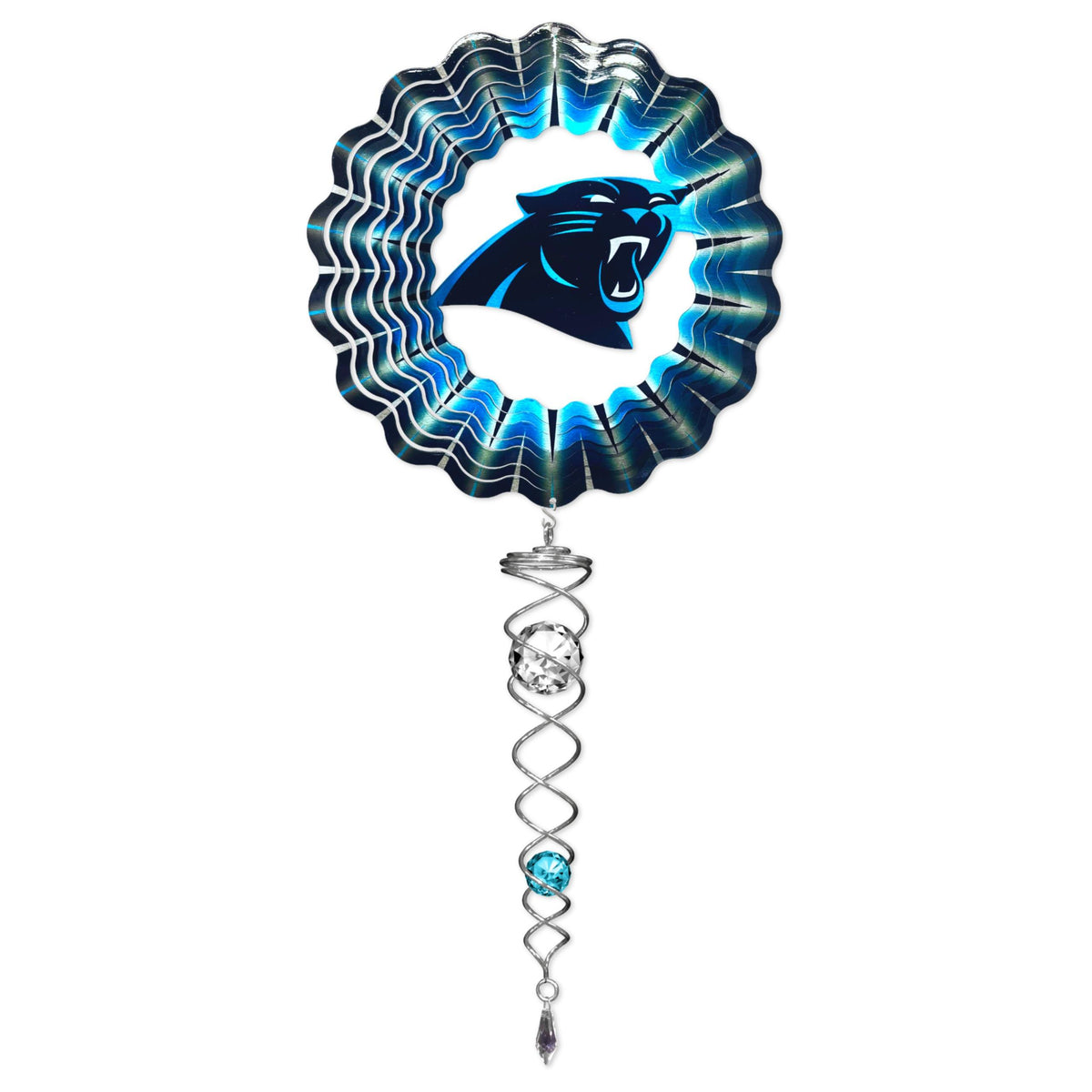 Carolina Panthers mini wind spinner set displayed outdoors featuring a bold team logo and a crystal twister for added movement.