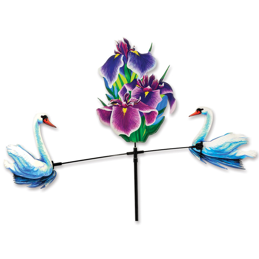 Carousel Spinner - Swans featuring beautifully crafted swan designs spinning in the breeze, adding elegance to a garden setting.