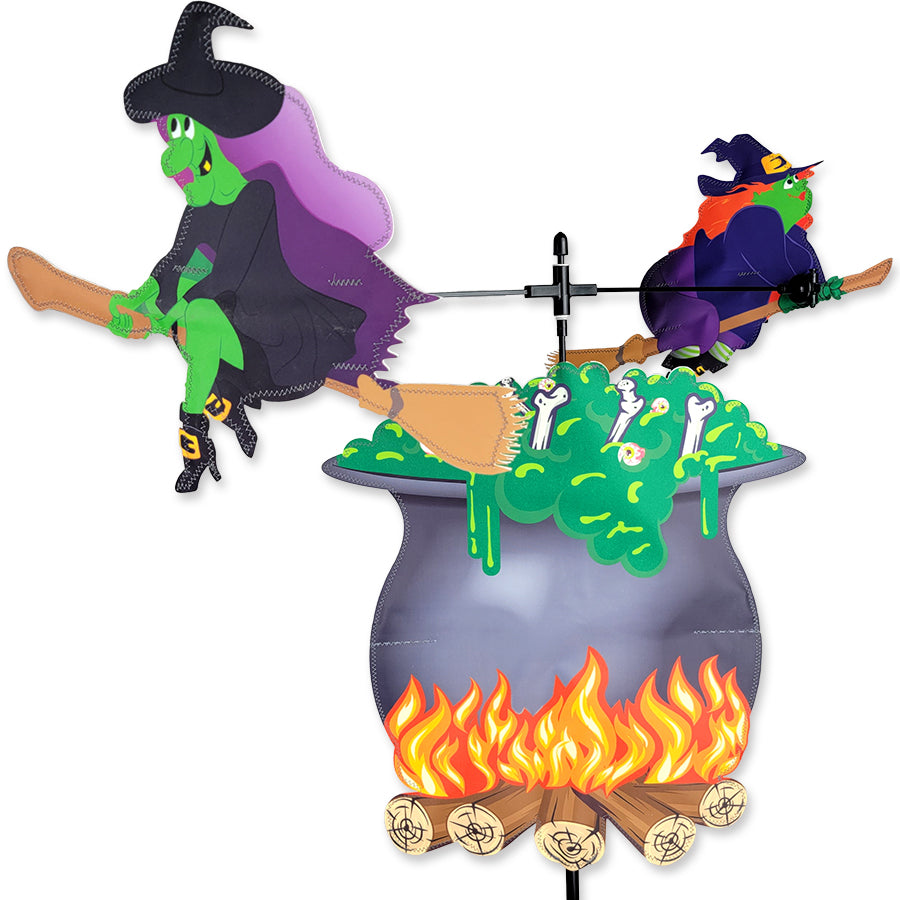 Whimsical Carousel Spinner featuring two witches around a bubbling cauldron with green potion swirling, perfect for garden decoration.