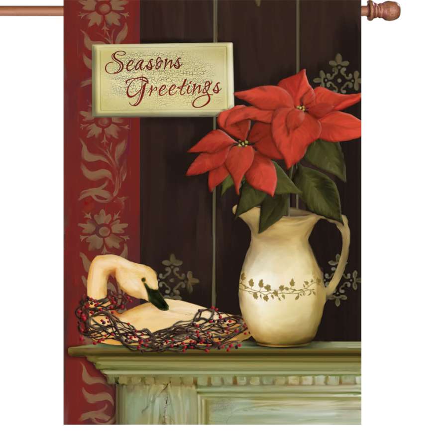 Vibrant 28-inch Celebrate the Season flag displaying winter-themed designs in a garden setting, ready to enhance holiday celebrations.