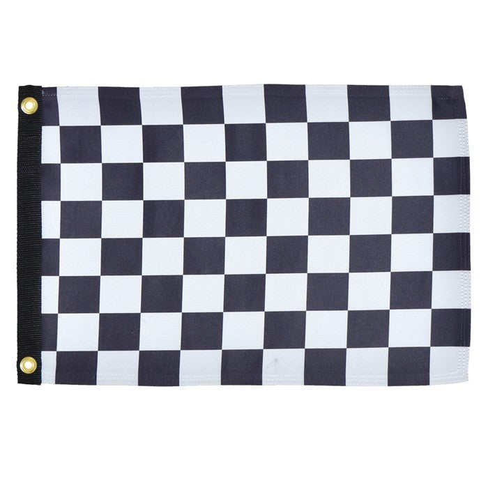 Checkered Flag Lustre 12x18 Grommet Flag displayed outdoors, showing bold checkered design and grommets for easy hanging.