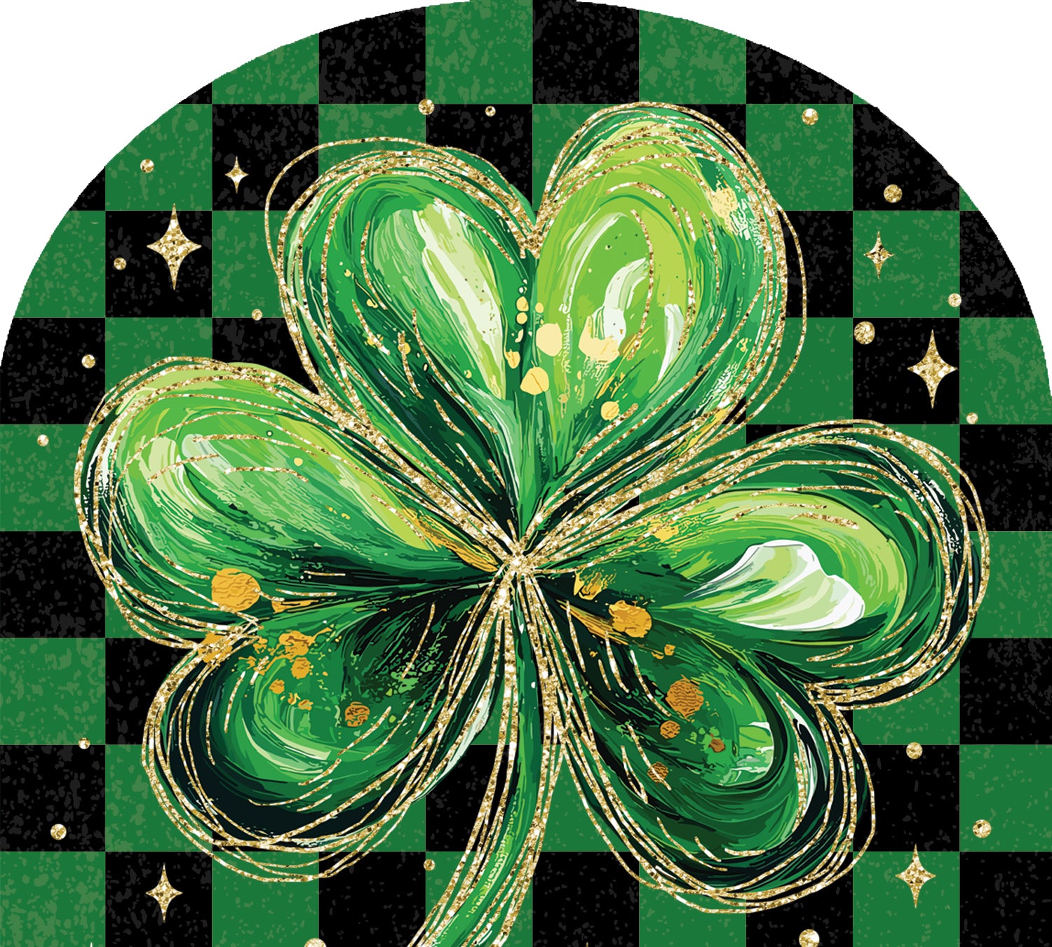 Checkered shamrock Arbor Mate panel featuring green St. Patrick’s Day design, sized 9.25 x 7.5 inches for interchangeable outdoor garden décor.