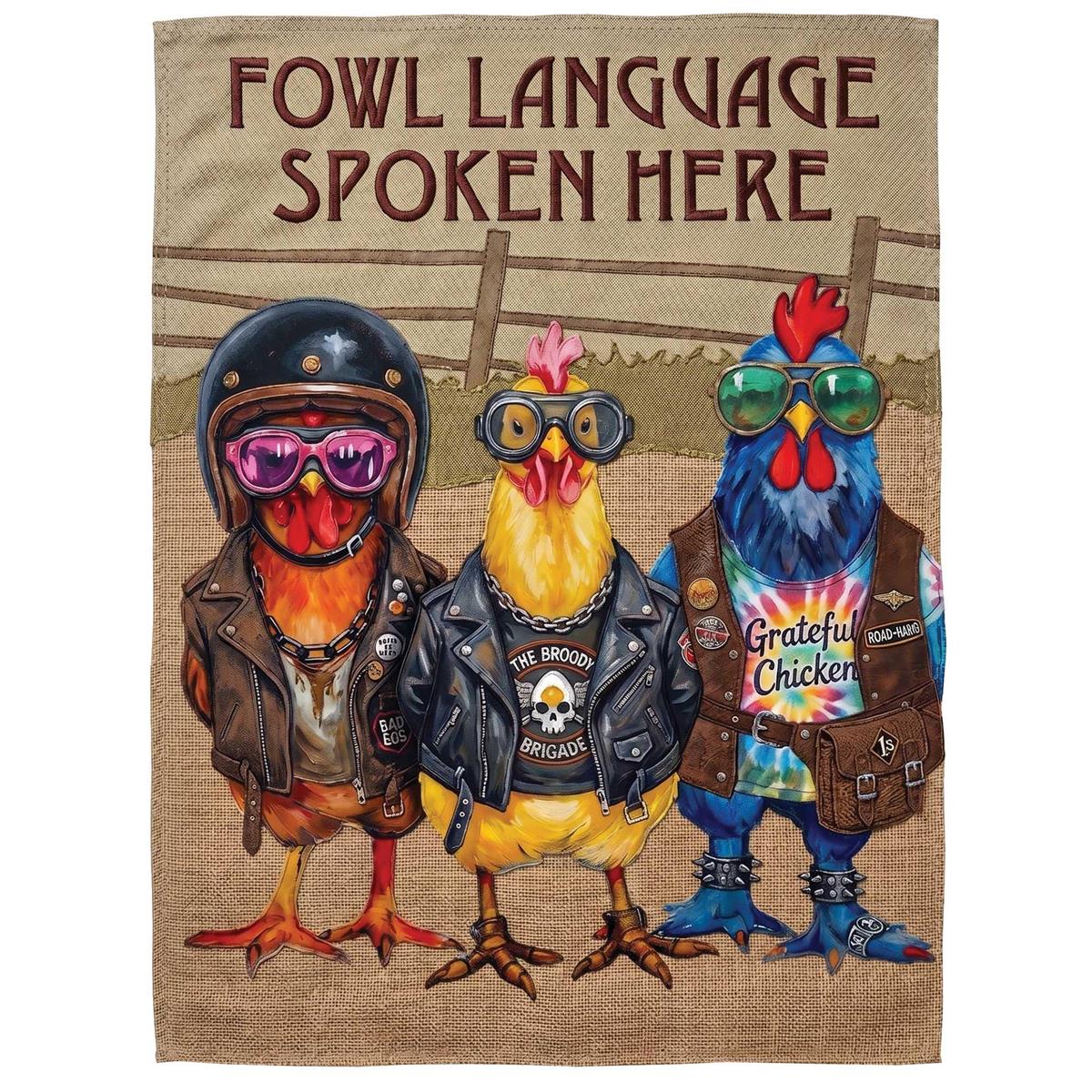 Chickens Fowl Language Spoke Garden Flag featuring vibrant colors and detailed embroidery, displayed outdoors on a flagpole.