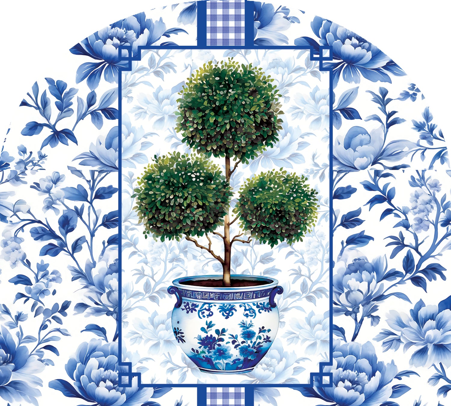 Chinoiserie Topiary-Arbor Mate PVC panel showcasing intricate Asian motifs in a vibrant garden setting near a decorative holder.