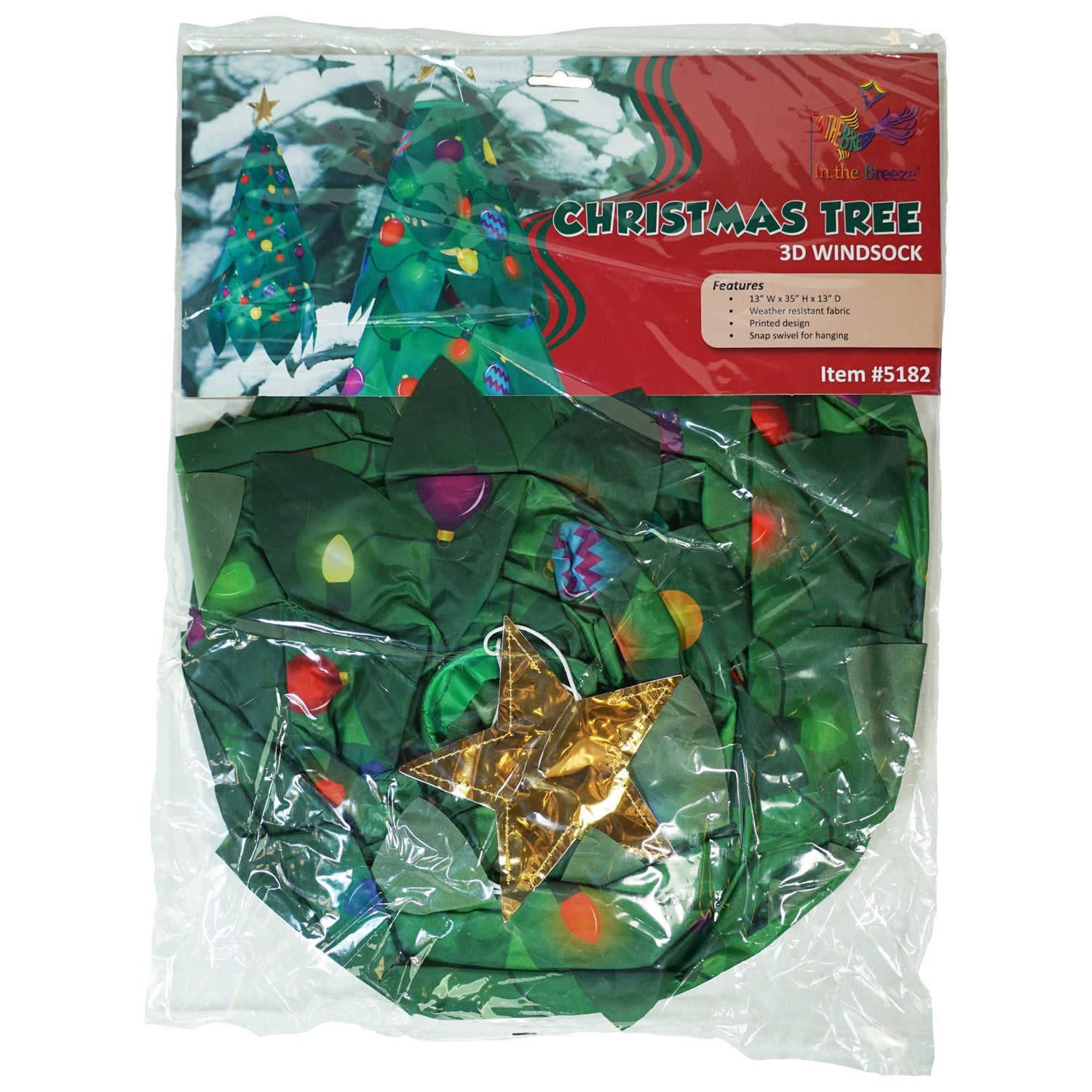 Colorful Christmas Tree 3D Windsock with a golden star displayed outdoors, showcasing vibrant colors that catch the breeze beautifully.
