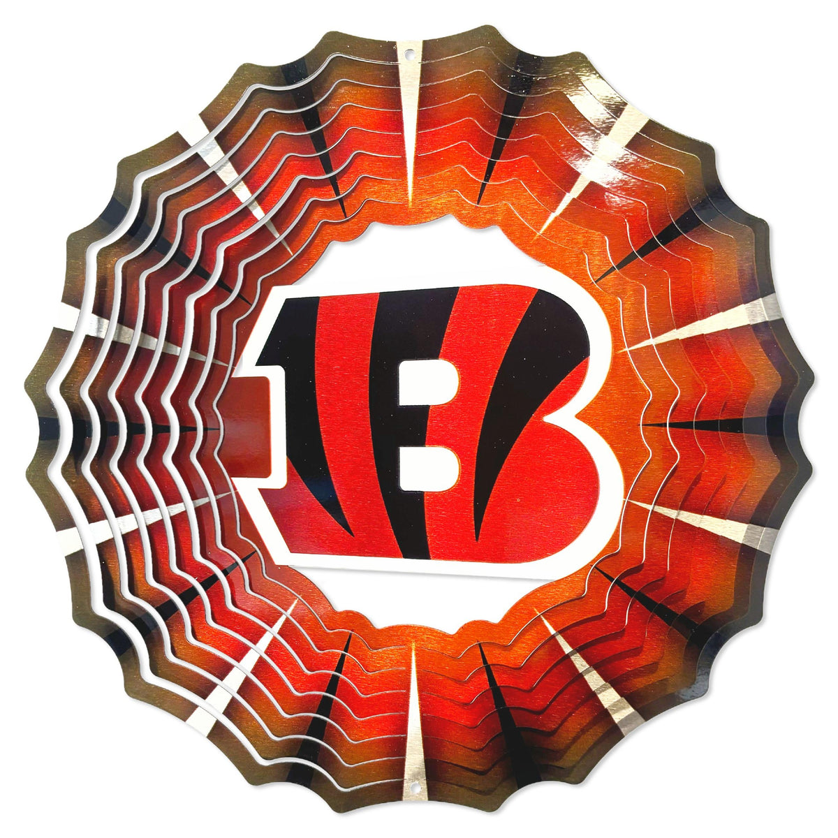 Cincinnati Bengals 12-inch NFL Wind Spinner with vibrant team colors and design spinning in a breezy outdoor setting.