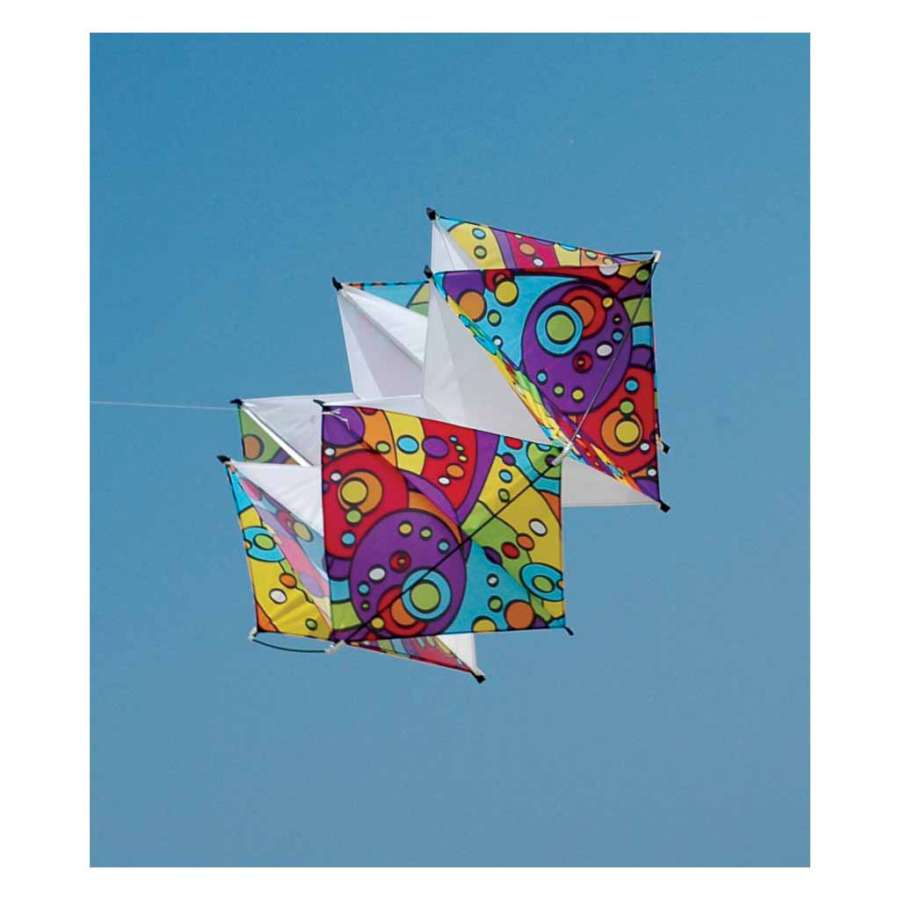 Clarke's Crystal Box Kite - Rainbow Orbit soaring in the sky with vibrant colors, measuring 53 inches in diameter, perfect for outdoor fun.