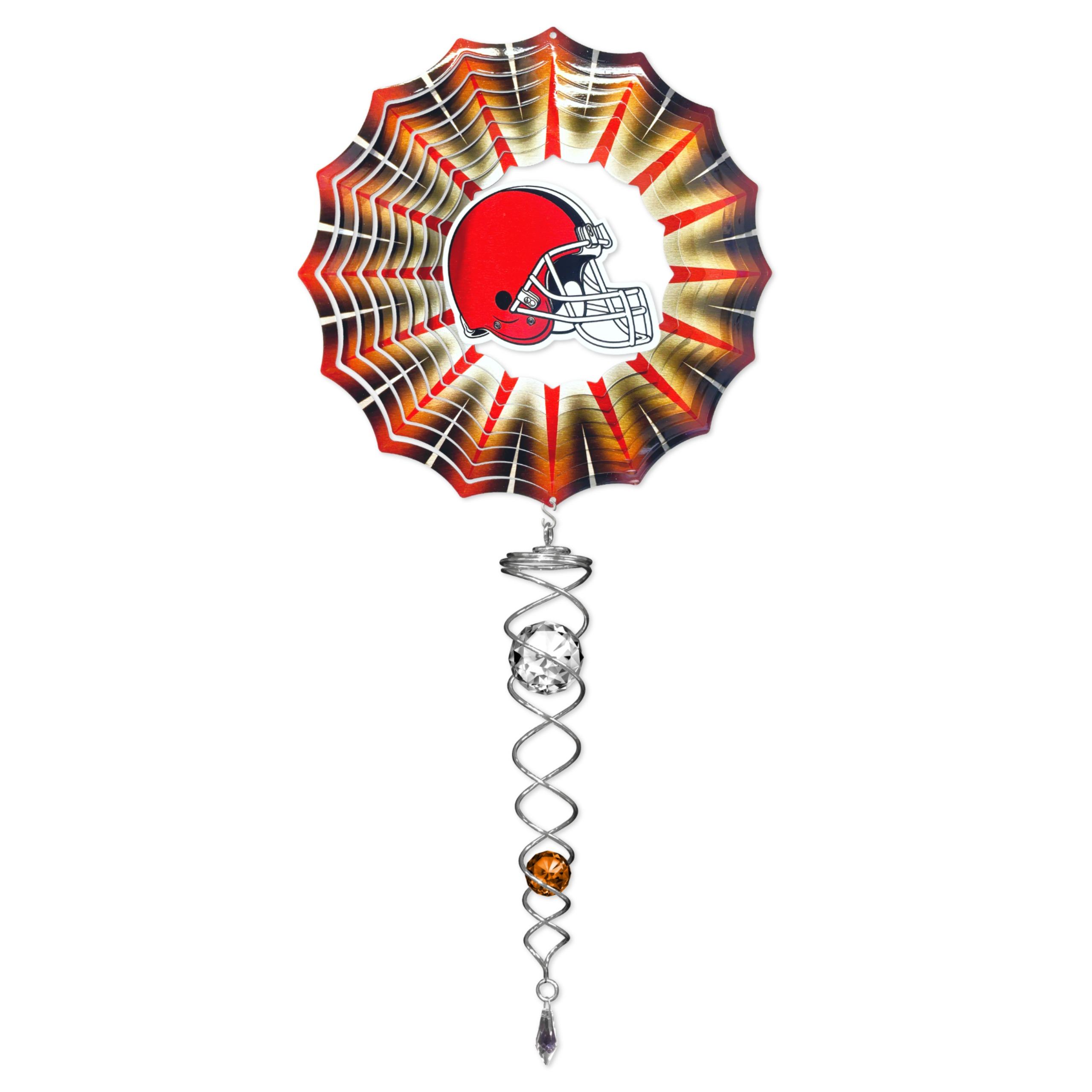 Cleveland Browns NFL mini wind spinner set featuring a 6.5-inch wind spinner and 7.5-inch crystal twister in a vibrant display.