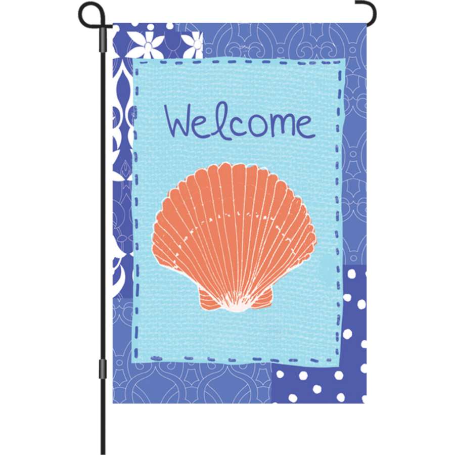 12 in. Coastal Shell garden flag made from PremierSoft fabric, featuring vibrant beach designs meant for outdoor display.