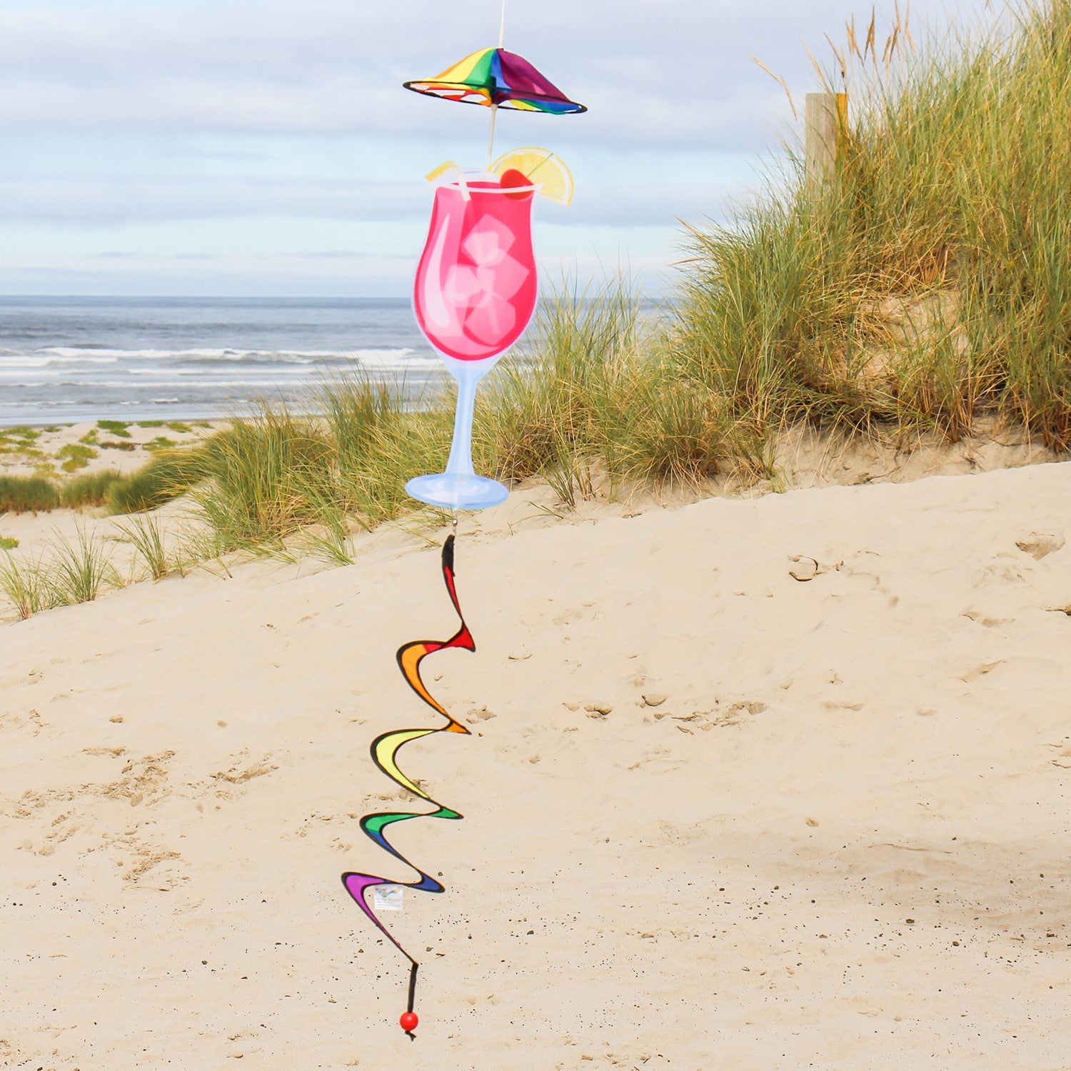 The Cocktail 5 O'Clock Spinner features a colorful design of a cocktail on an 8-inch spinning wheel, perfect for lively outdoor decoration, attracting attention in the breeze.