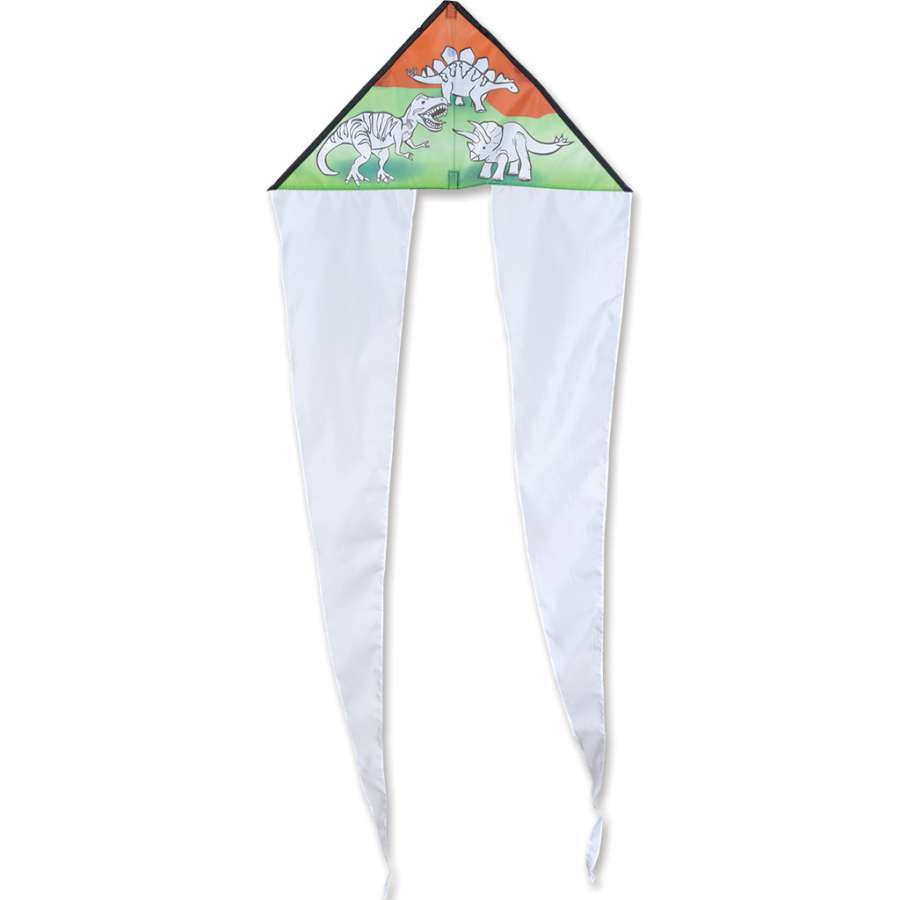 Coloring Kite - Dinosaurs featuring a colorful dinosaur design, displayed high in the sky during a sunny day with flowing tails visible.
