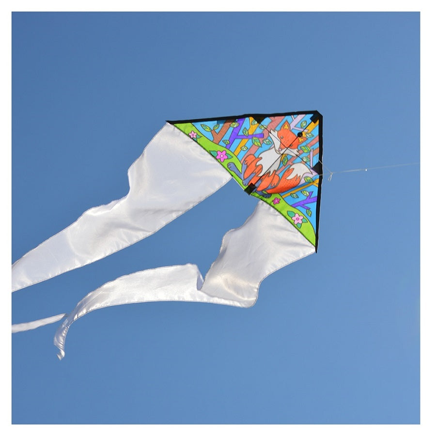 Coloring Kite - Fox measuring 24.5 x 61 inches with a whimsical fox design, uncolored, ready for kids to color before flying in the sky.
