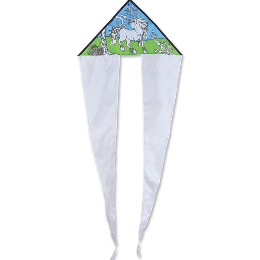 Coloring Kite - Unicorn featuring a vibrant design, personalized with crayons, soaring in the sky against a sunny backdrop.