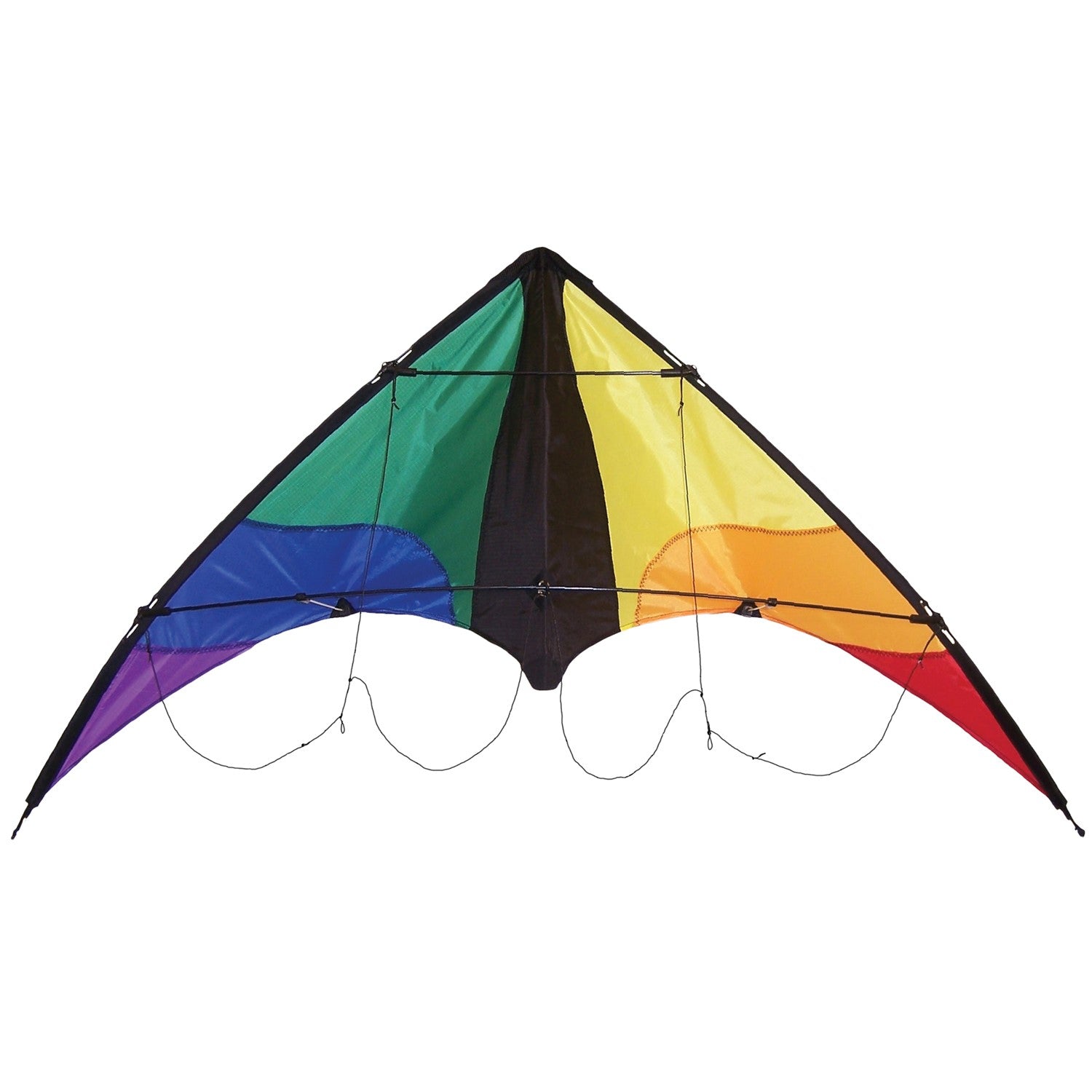 Colorwave 48" Sport Kite with a colorful rainbow design, displayed soaring in a clear blue sky, showcasing its vibrant colors and dynamic flying ability.