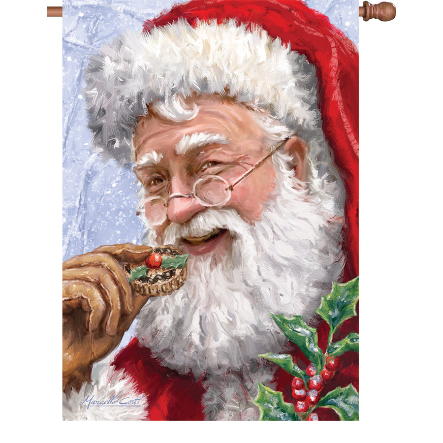 Cookies for Santa illuminated house flag with festive holiday design displayed outdoors, enhancing a charming Christmas atmosphere.