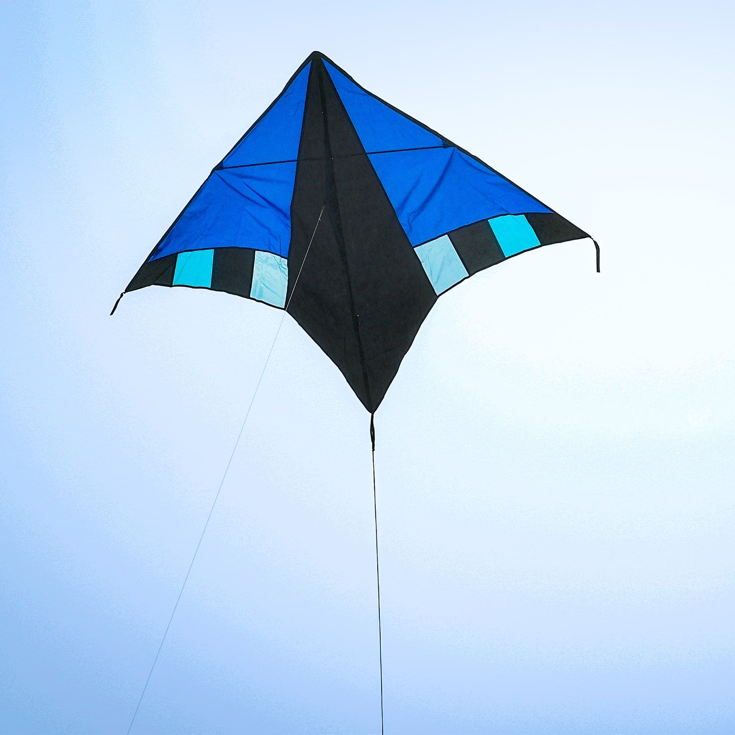 Cool Breeze 60" Delta kite soaring high in the sky with colorful twisting windsock, featuring a vivid design and stable delta shape against a clear blue backdrop.