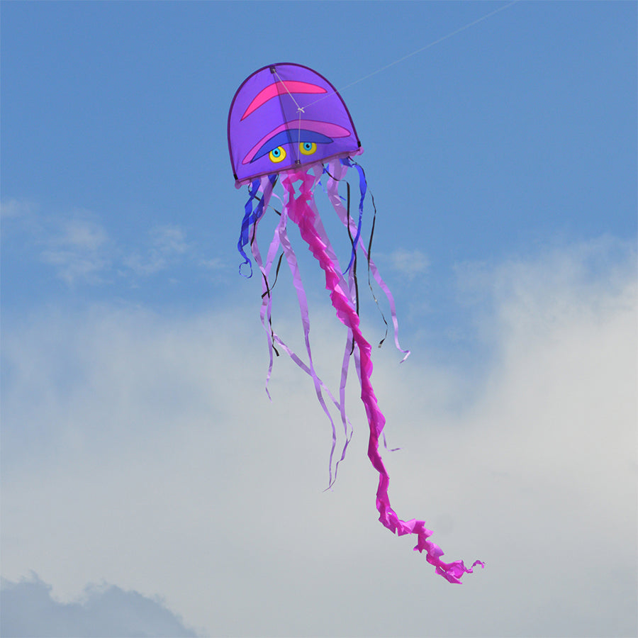 Cool Jellyfish Kite with vibrant colors and long tails drifting high in the sky during a sunny day at the beach.