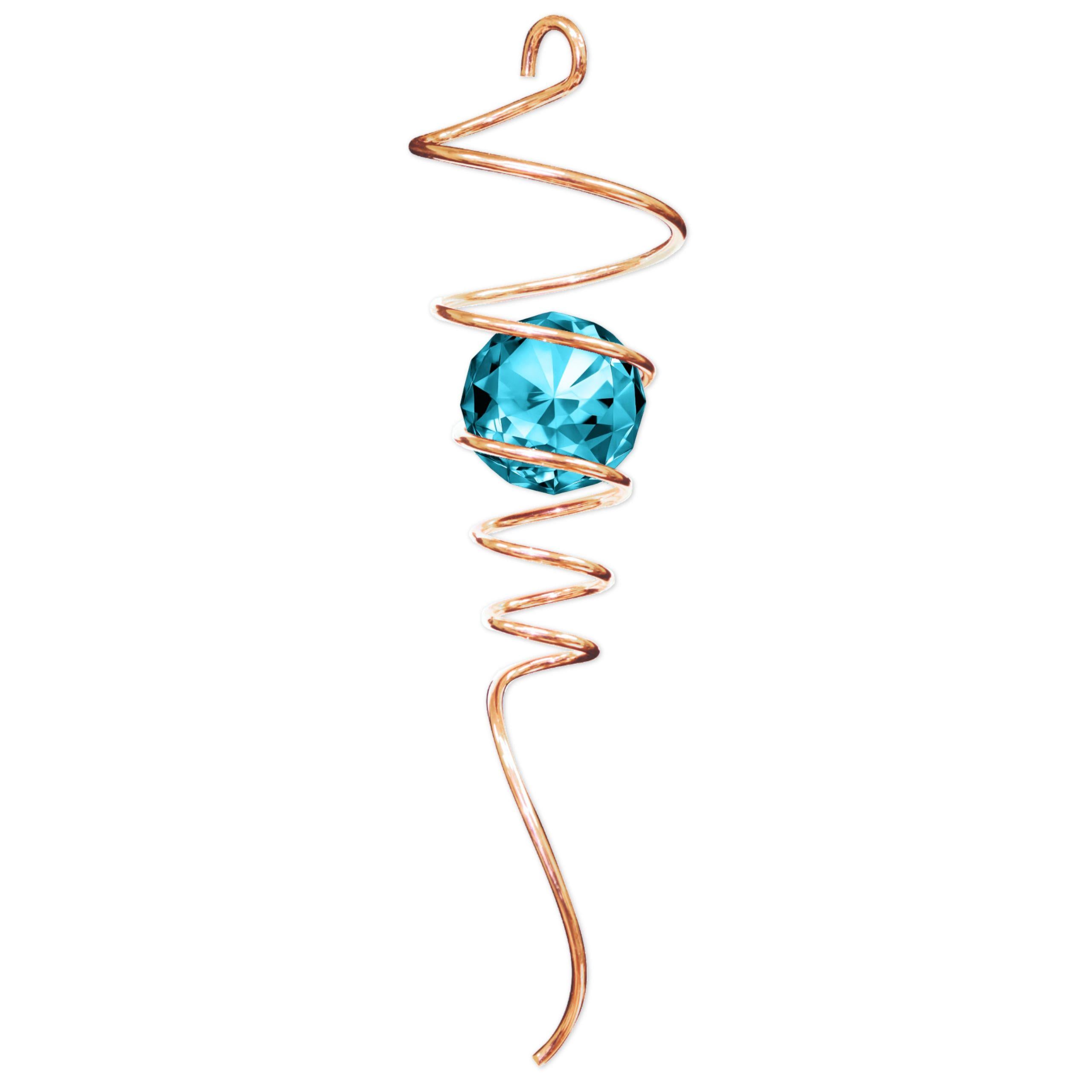 Copper Aqua Tail with crystal accents displayed outdoors, showcasing its spiral design swaying in the breeze under sunlight.