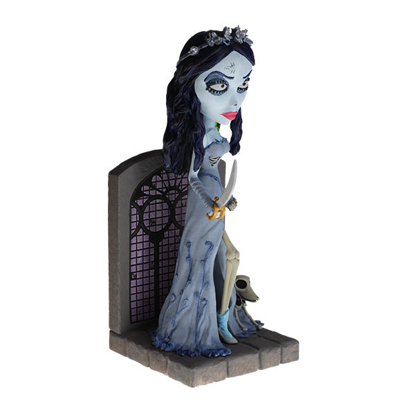 The Corpse Bride Emily Bobblehead displaying intricate details of her blue skin and wedding dress, nodding gracefully.