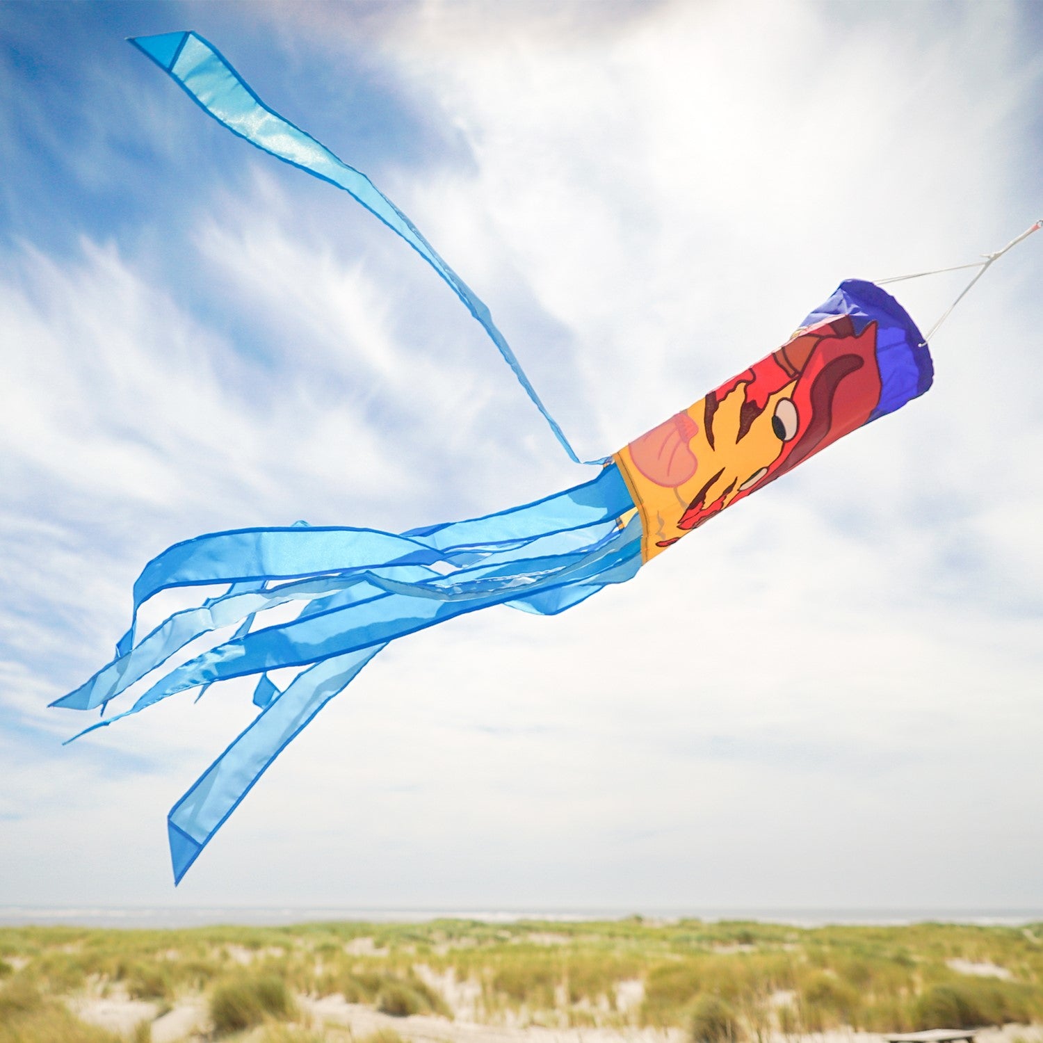 A colorful Crab Shell 40" Windsock featuring an animated crab design with vibrant tails, crafted from durable weather-resistant polyester for outdoor display.