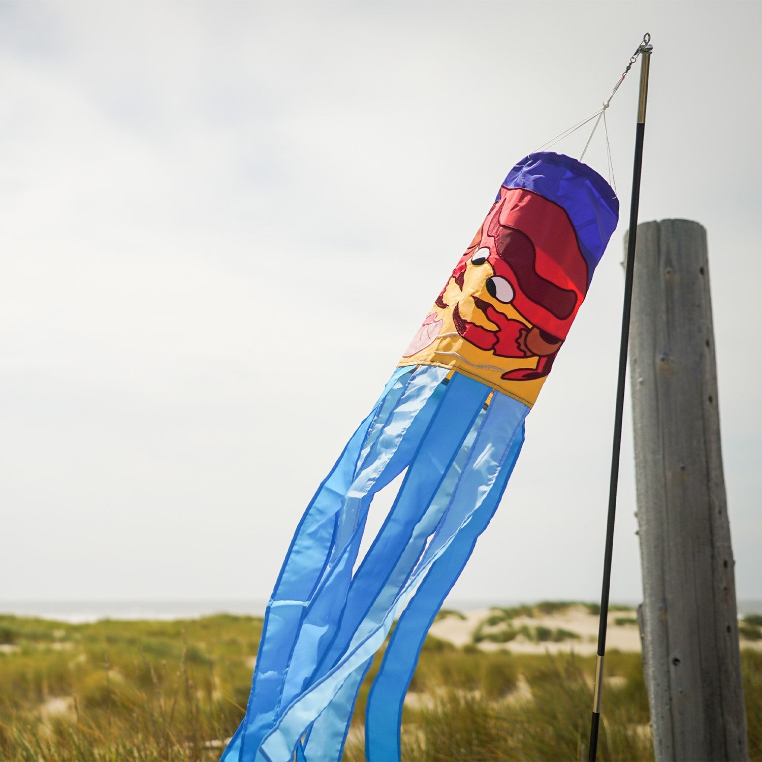 A colorful Crab Shell 40" Windsock featuring an animated crab design with vibrant tails, crafted from durable weather-resistant polyester for outdoor display.