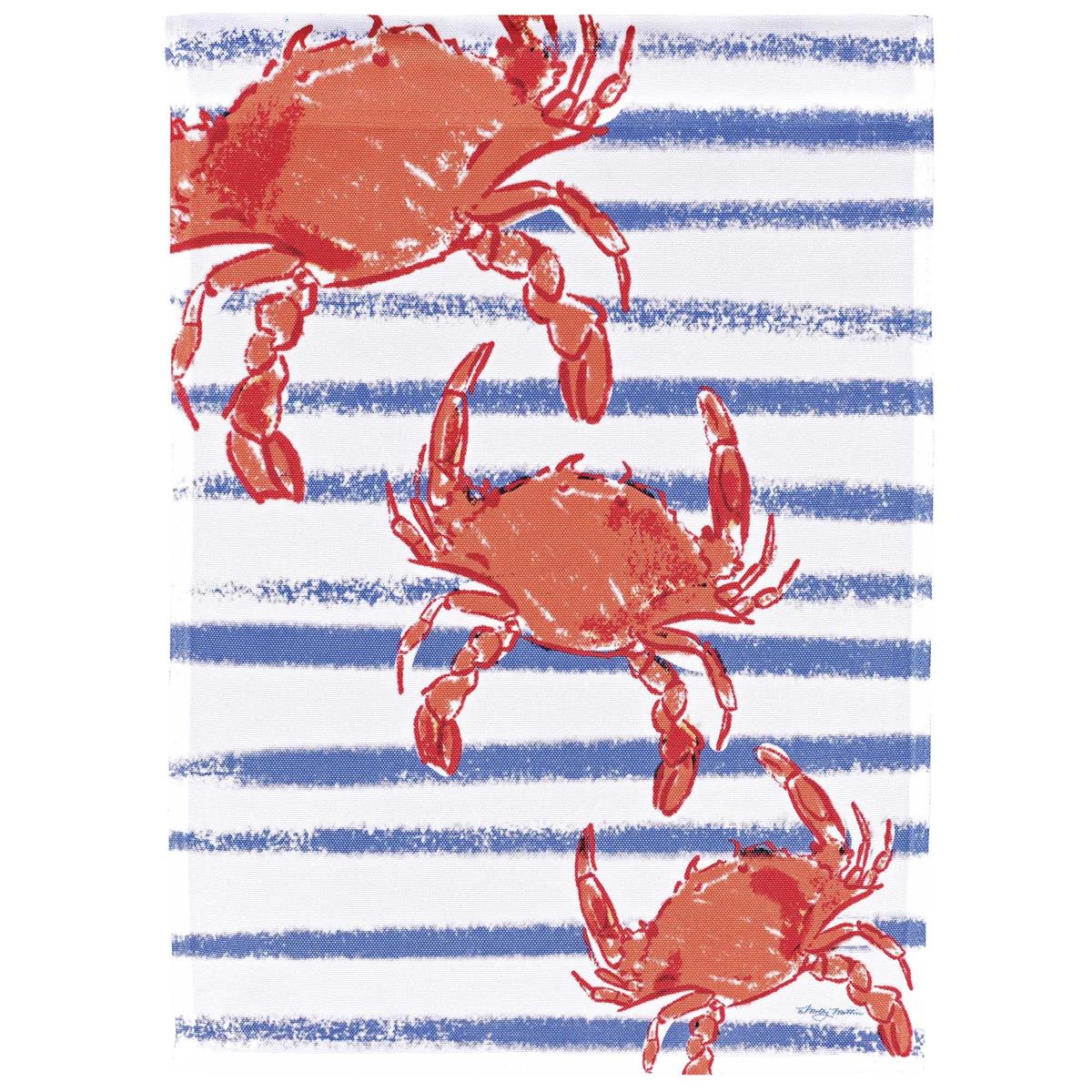 Crabs On Stripes garden flag with vibrant blue crab design against colorful stripes, displayed on a garden flagpole outdoors.