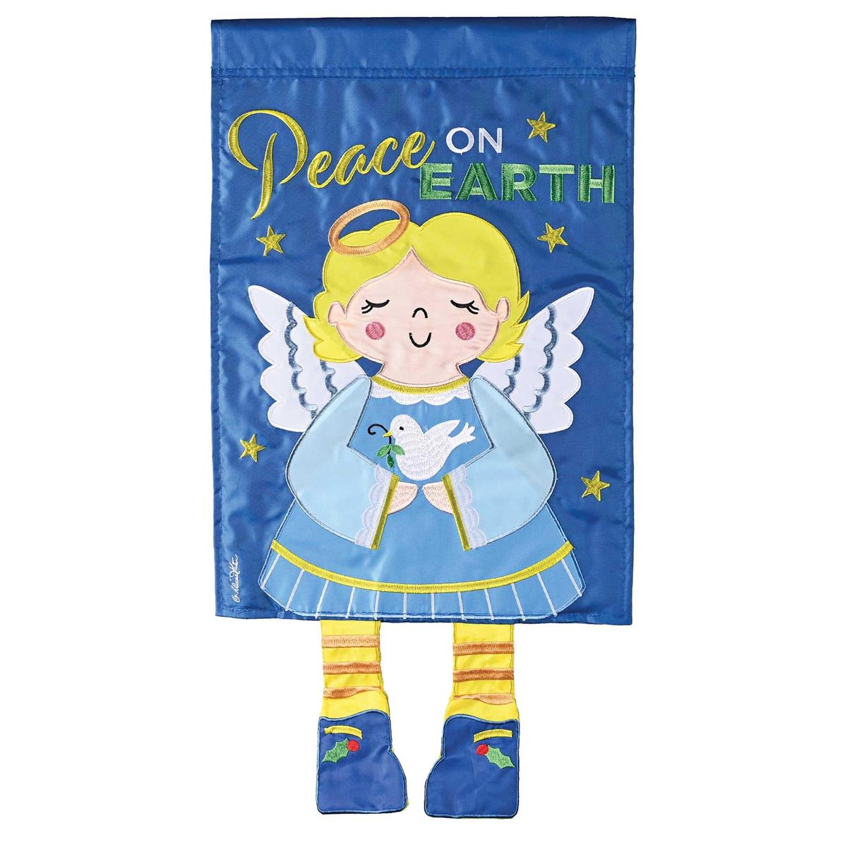 Crazy Leg Angel Peace On Earth garden flag features dangling legs and an angel design, displayed outdoors to enhance festive decor.