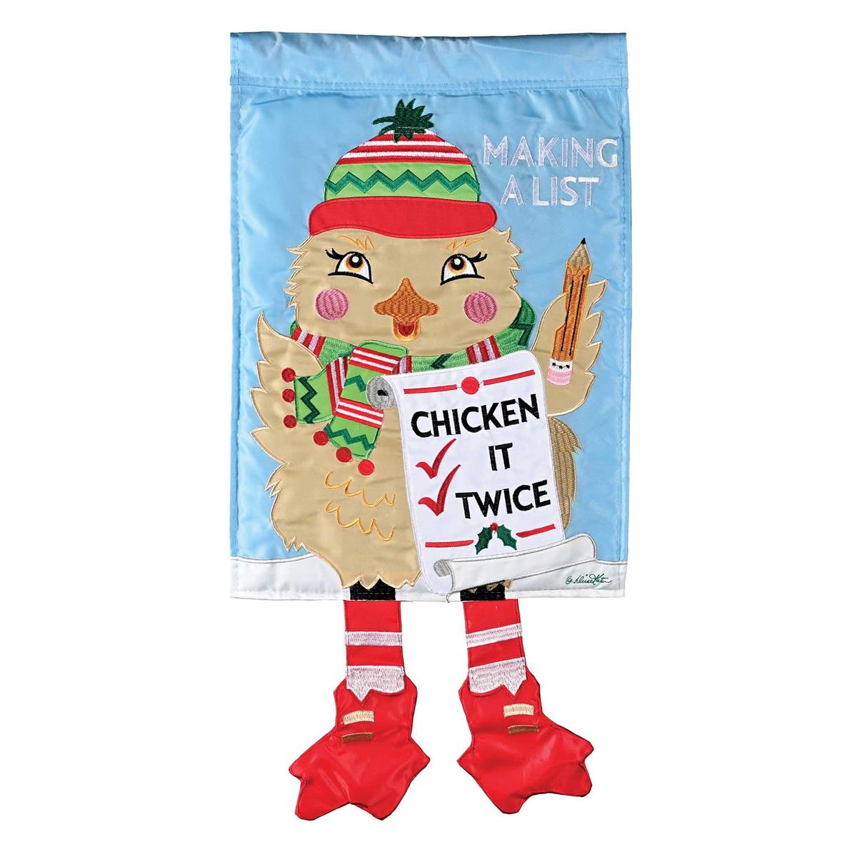 Crazy Leg Christmas Chicken Making List garden flag with whimsical chicken design and dangling legs displayed outdoors, featuring bright colors and double-sided design.