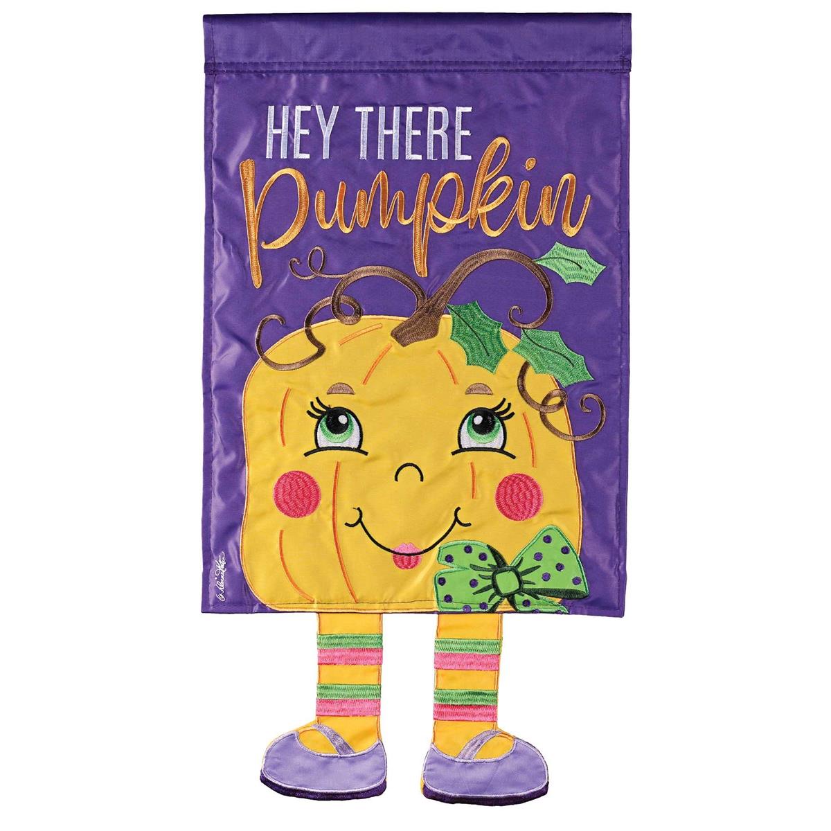 Crazy Leg Pumpkin garden flag displaying a whimsical pumpkin character with dangling legs, ideal for Halloween outdoor decoration.