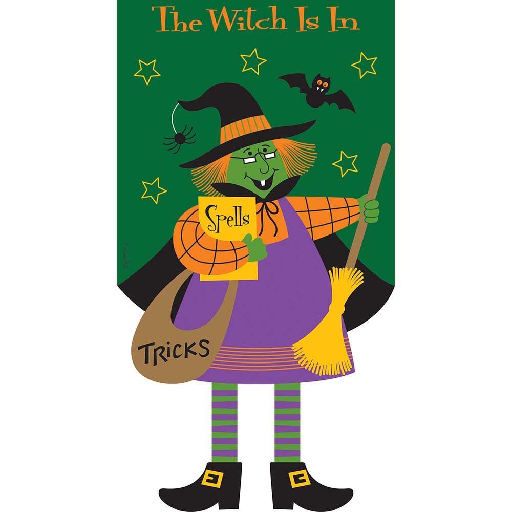 Crazy Leg The Witch Is In Garden Flag with dangling legs, displayed in an outdoor garden setting, showcasing its whimsical Halloween design.