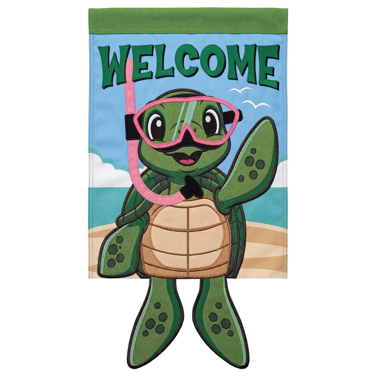 Colorful Crazy Leg Turtle Welcome Garden Flag featuring playful dangling legs, displayed in a garden setting.