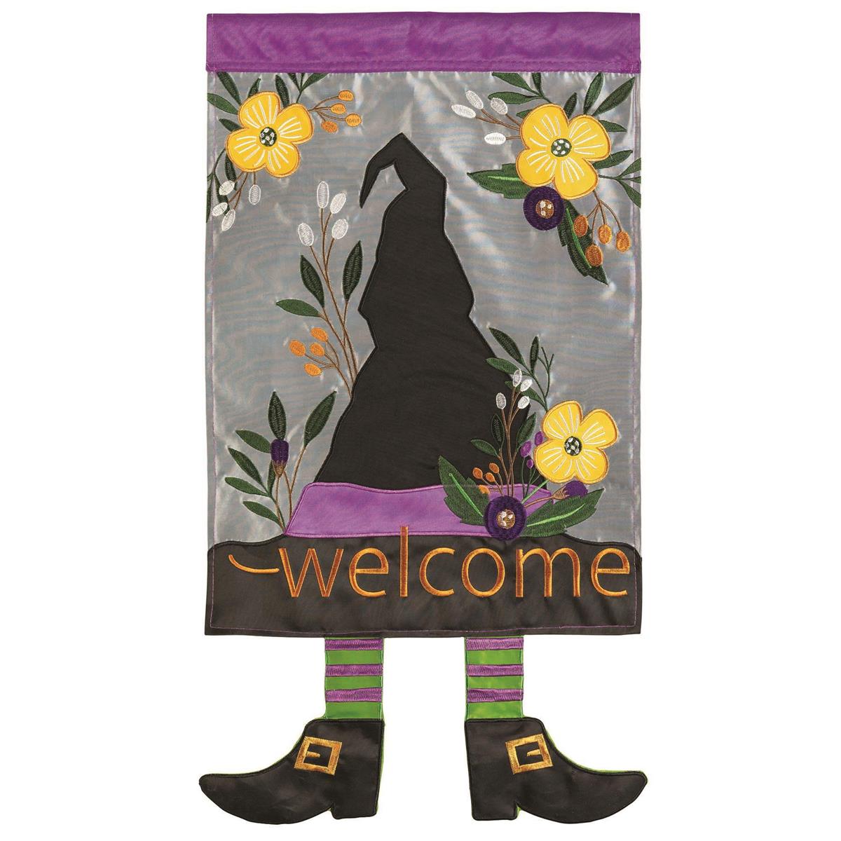 Crazy Leg Welcome Witch Hat Garden Flag, featuring playful legs and colorful witch hat design, displayed outdoors in a festive setting.