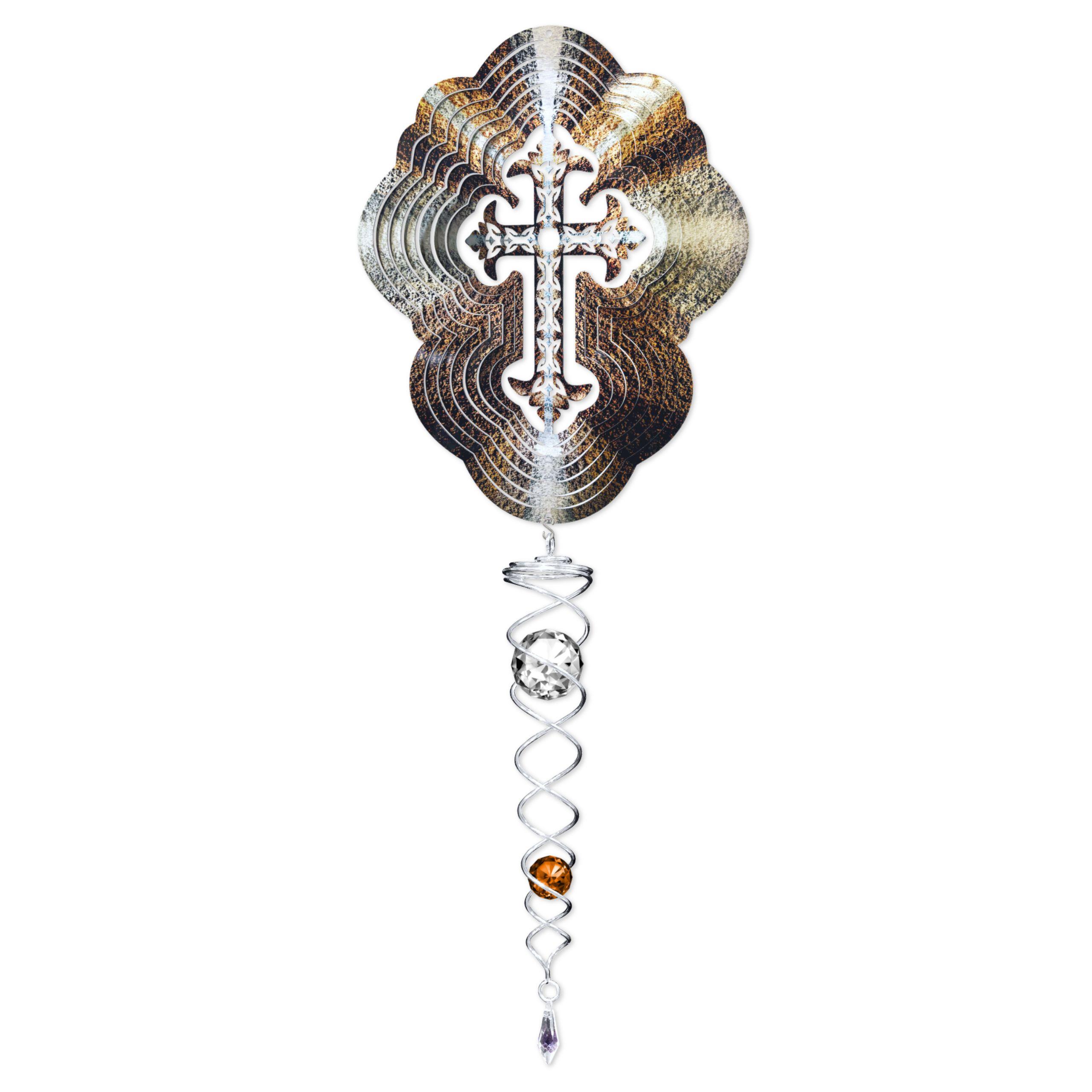 Cross Mini Set Wind Spinners featuring a colorful 6.5-inch spinner and a 7.5-inch crystal twister showcased in a garden setting with sunlight reflections.