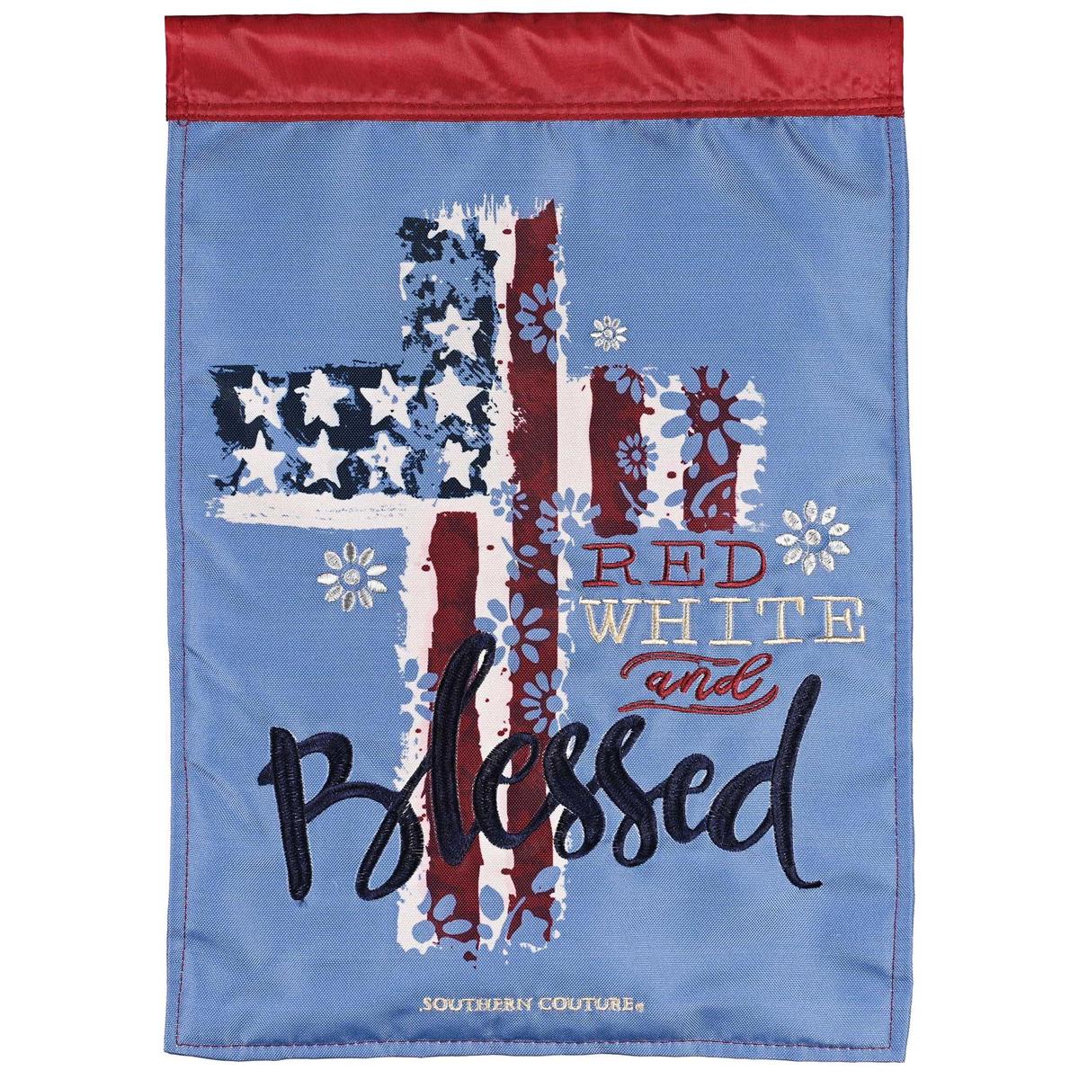 Cross Red White And Blessed double-sided garden flag featuring intricate embroidery and a patriotic design displayed on an outdoor pole.