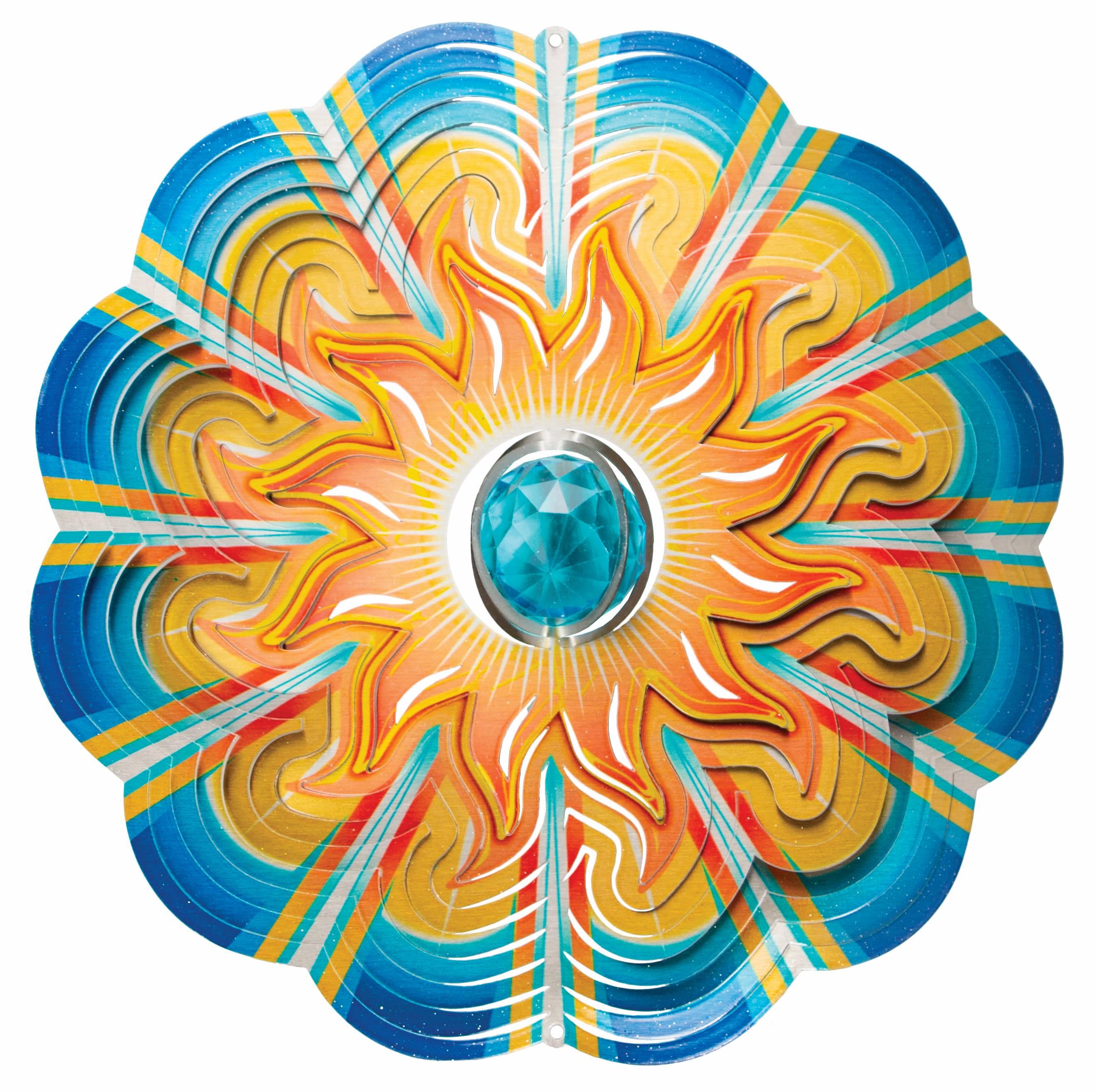 12-inch Crystal Aqua Sun large wind spinner with a sparkling crystal centerpiece displayed outdoors, spinning gracefully in the breeze.